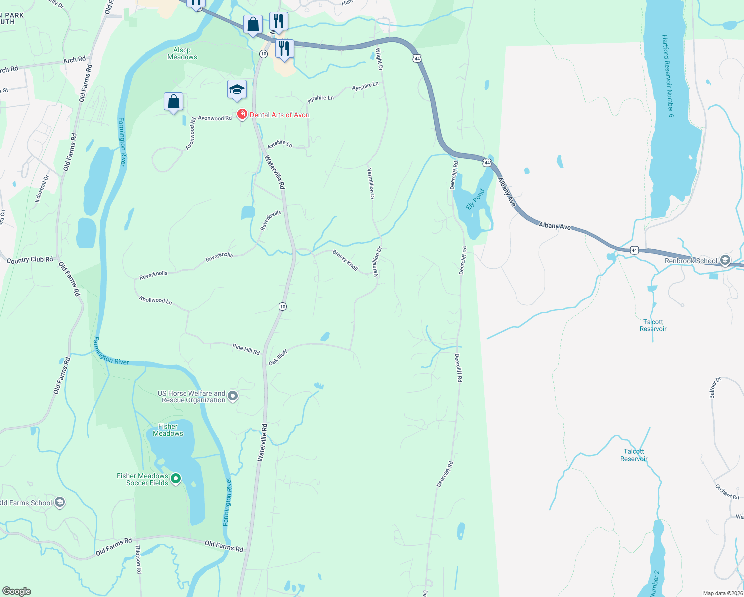 map of restaurants, bars, coffee shops, grocery stores, and more near 60 Vermillion Drive in Avon