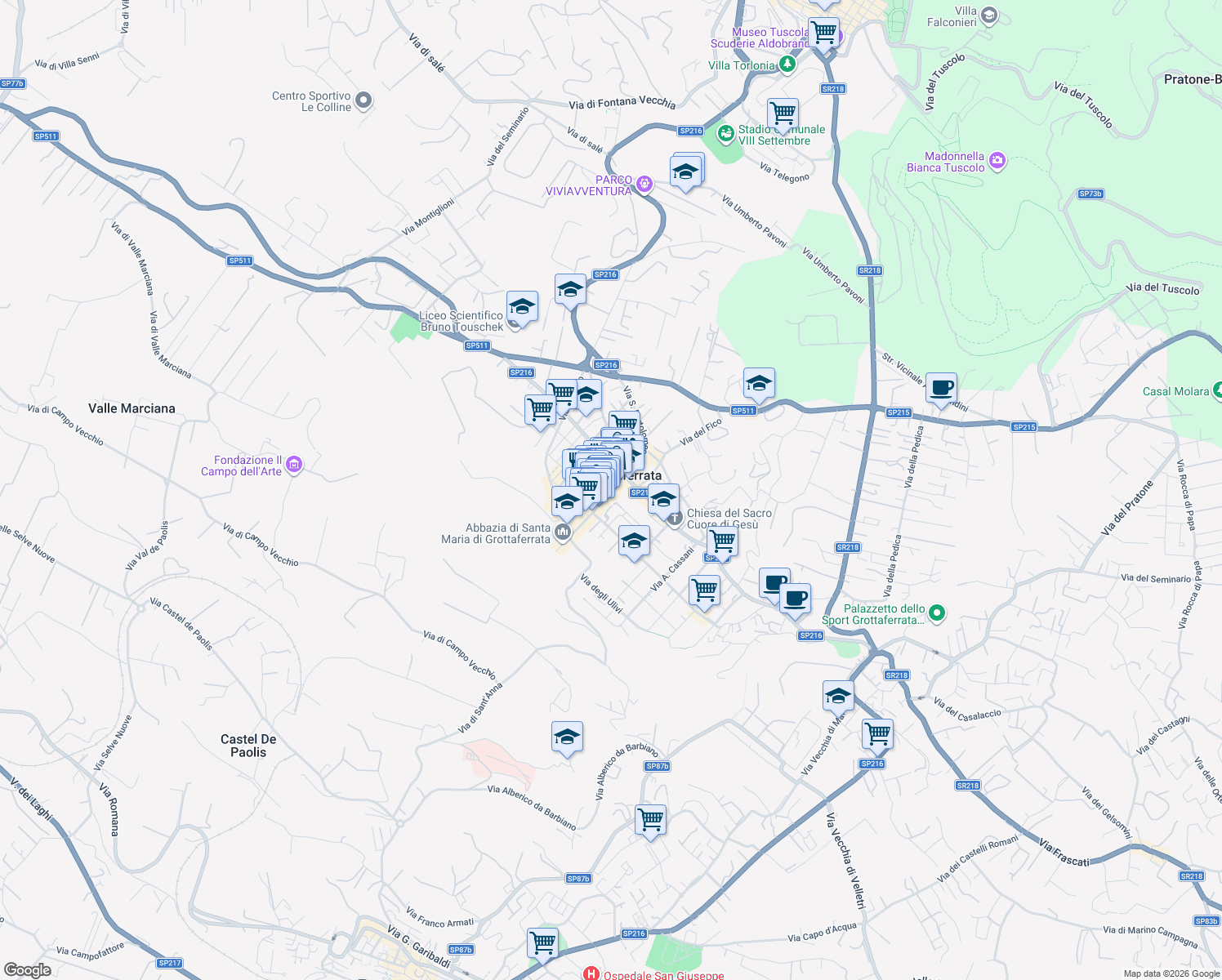 map of restaurants, bars, coffee shops, grocery stores, and more near 11 Corso del Popolo in Grottaferrata