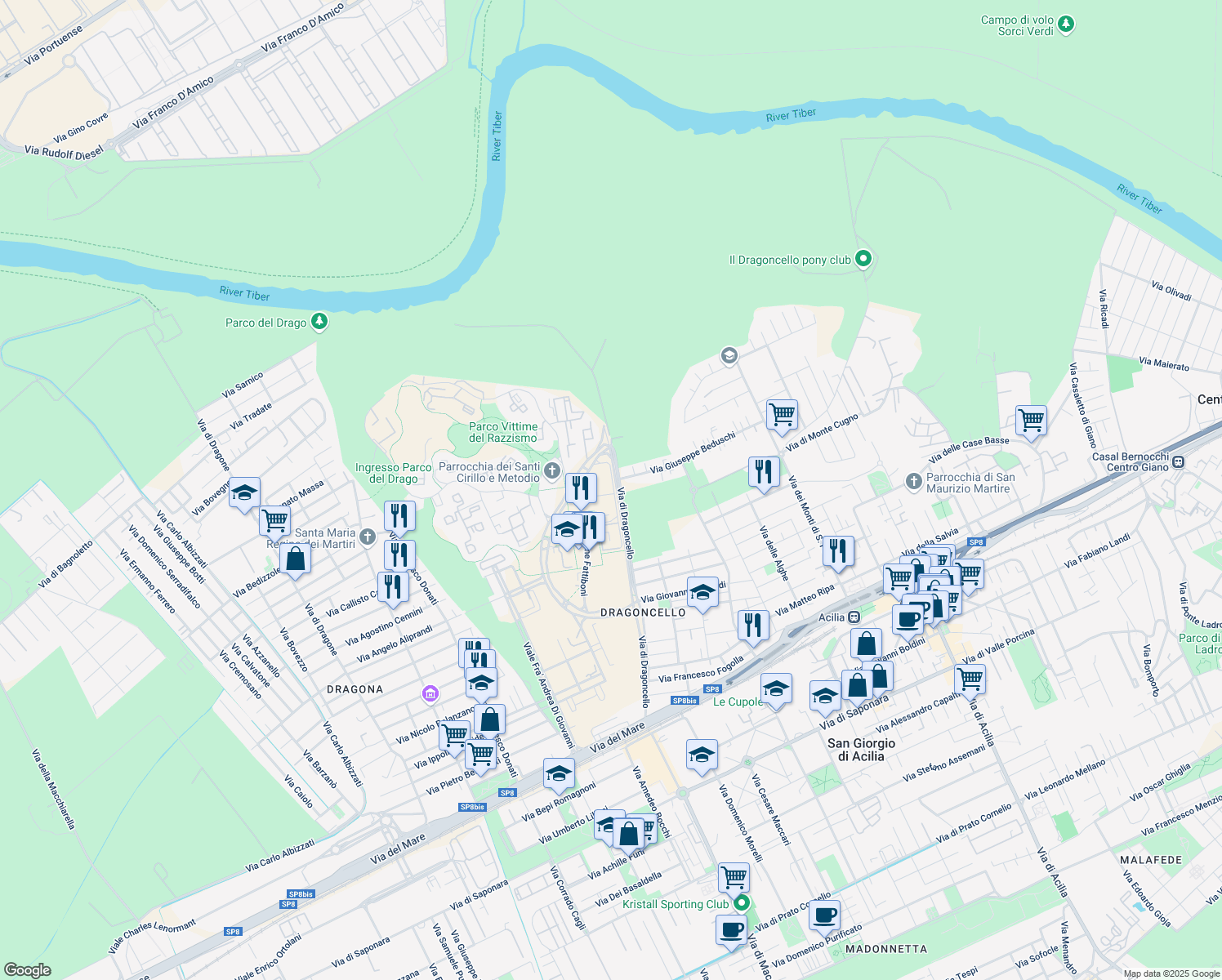 map of restaurants, bars, coffee shops, grocery stores, and more near 601 Via di Dragoncello in Città metropolitana di Roma Capitale