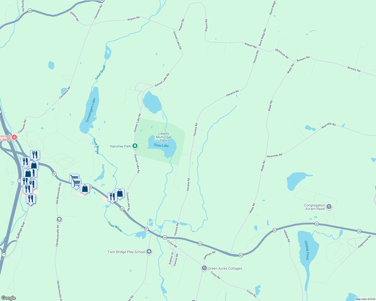 map of restaurants, bars, coffee shops, grocery stores, and more near 12 Nature Lake Road in Liberty