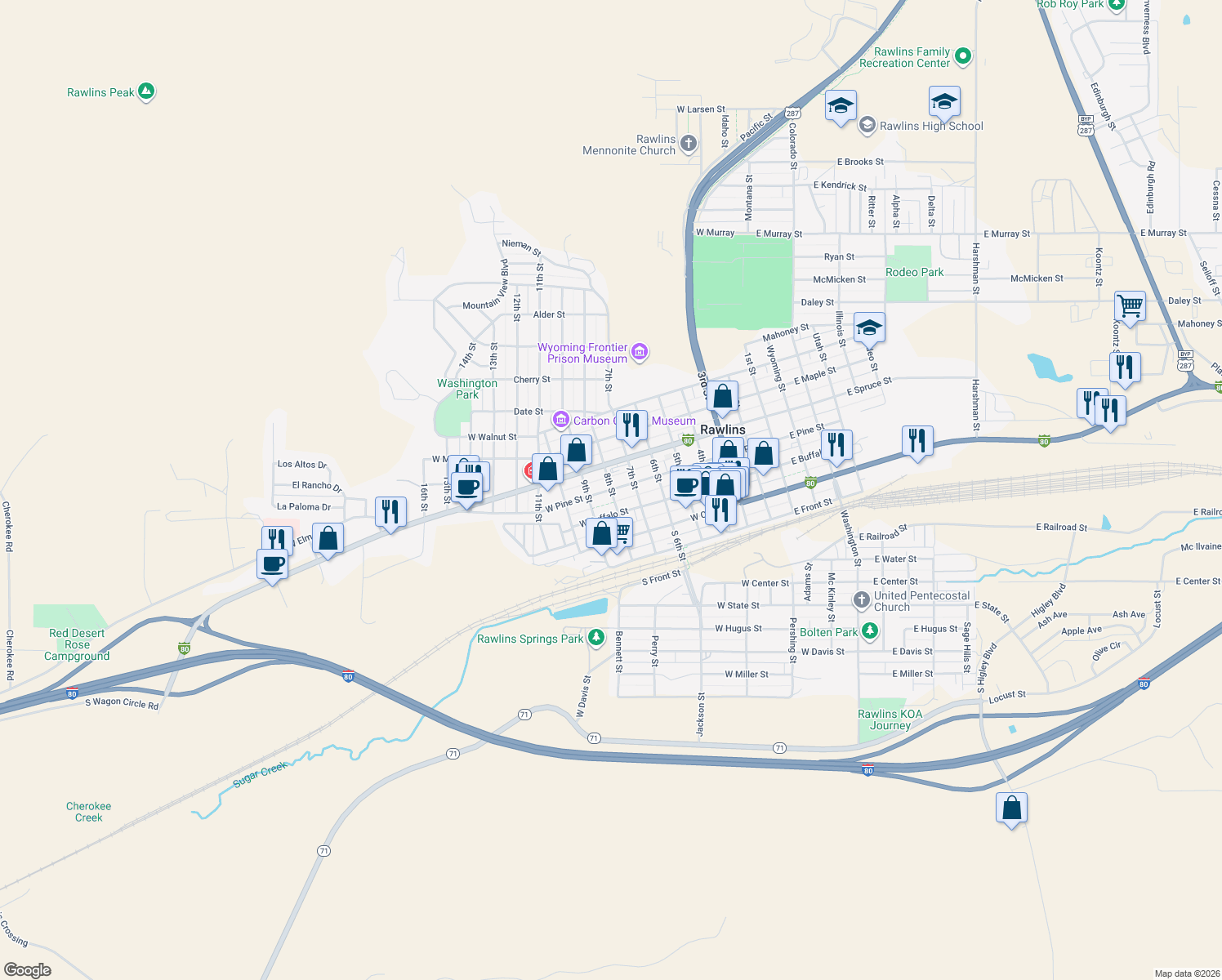 map of restaurants, bars, coffee shops, grocery stores, and more near 798 West Pine Street in Rawlins