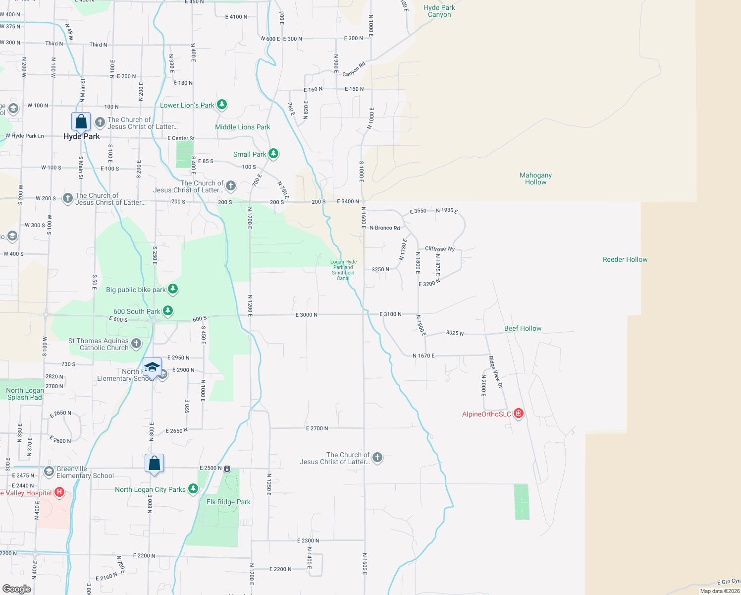 map of restaurants, bars, coffee shops, grocery stores, and more near 3140 N 1600 E in North Logan