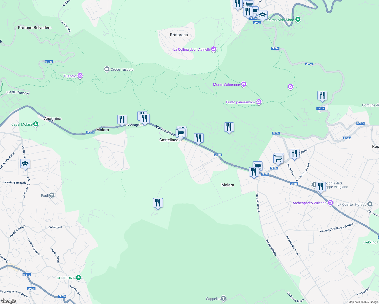 map of restaurants, bars, coffee shops, grocery stores, and more near 173 Via Tuscolana dal 5 90 al 674 in Molara