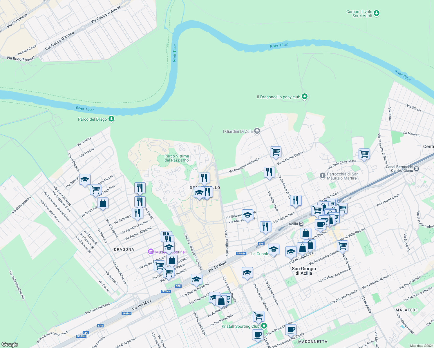 map of restaurants, bars, coffee shops, grocery stores, and more near 601 Via di Dragoncello in Municipio Roma X