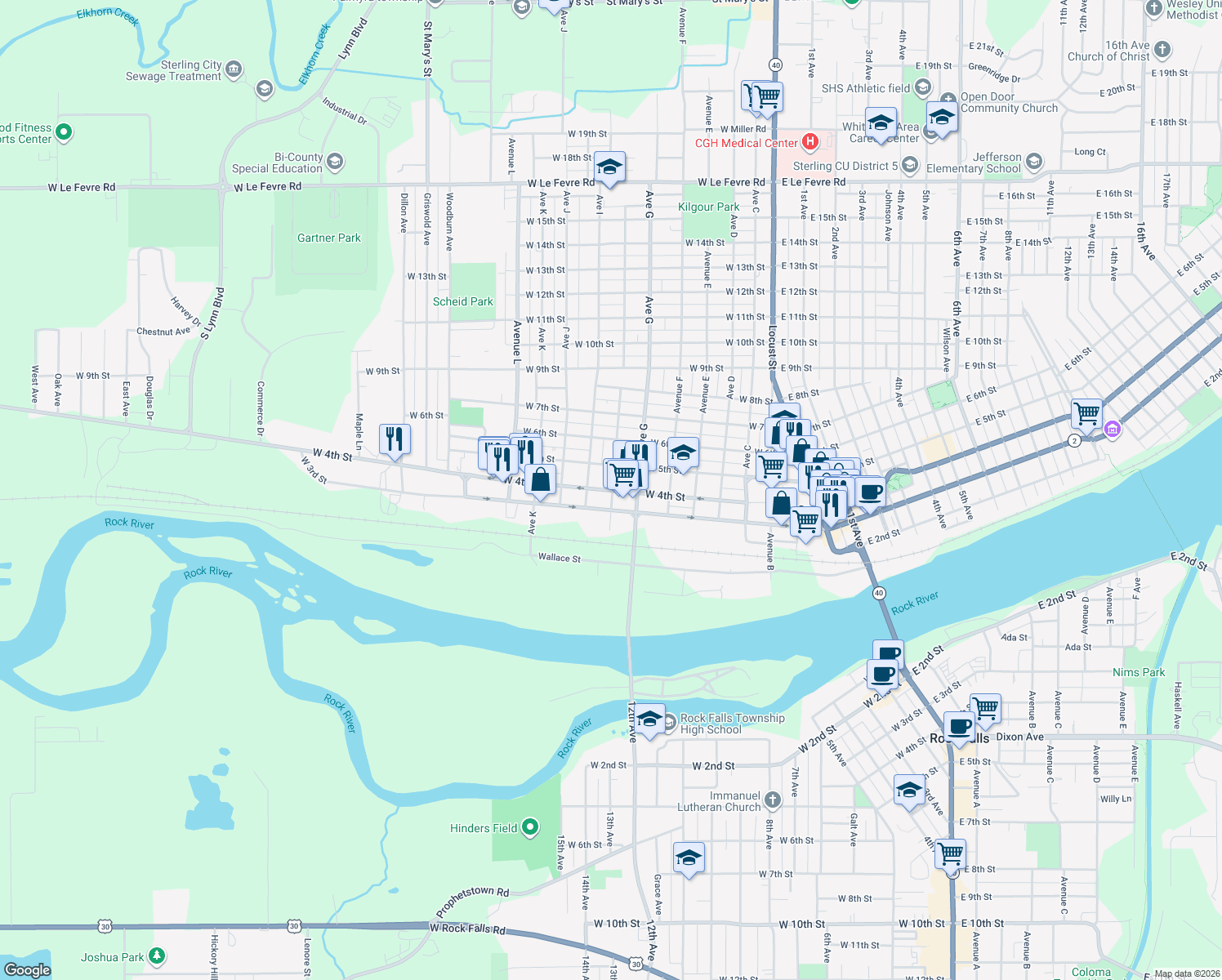 map of restaurants, bars, coffee shops, grocery stores, and more near 802 West 4th Street in Sterling