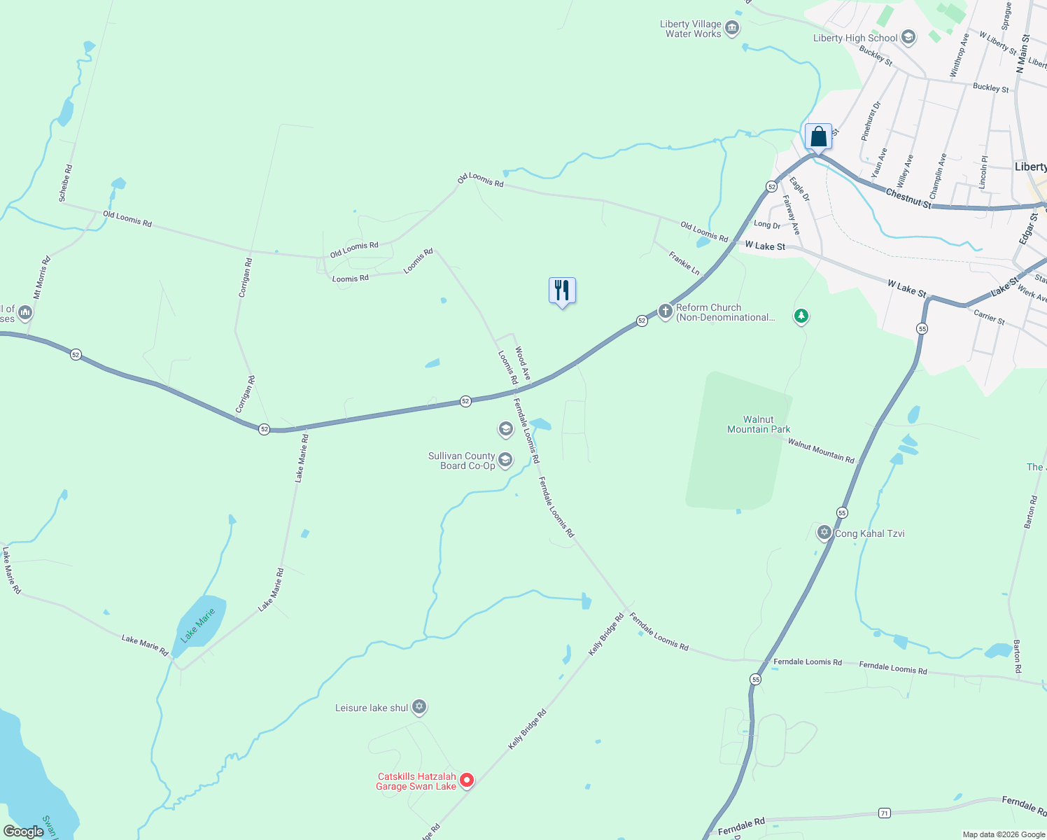 map of restaurants, bars, coffee shops, grocery stores, and more near 52 Ferndale Loomis Road in Liberty