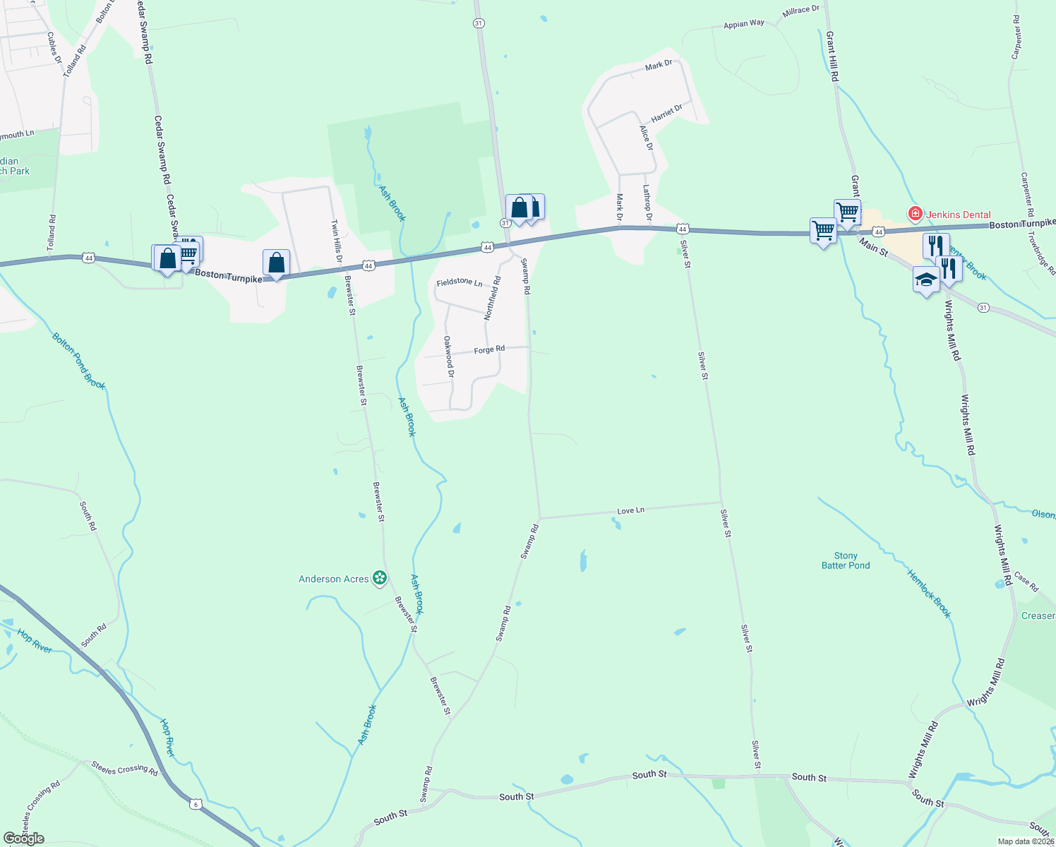 map of restaurants, bars, coffee shops, grocery stores, and more near 337 Swamp Rd in Coventry