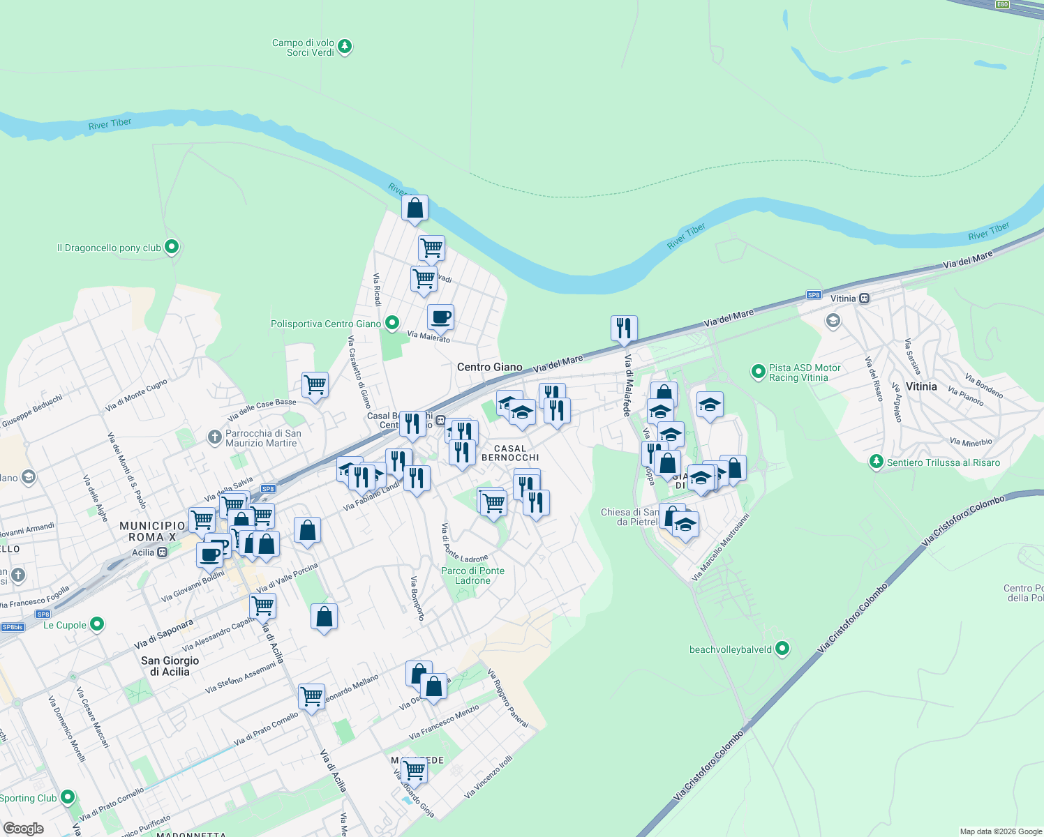 map of restaurants, bars, coffee shops, grocery stores, and more near 81 Via Luigi Pietrobono in Città Metropolitana di Roma