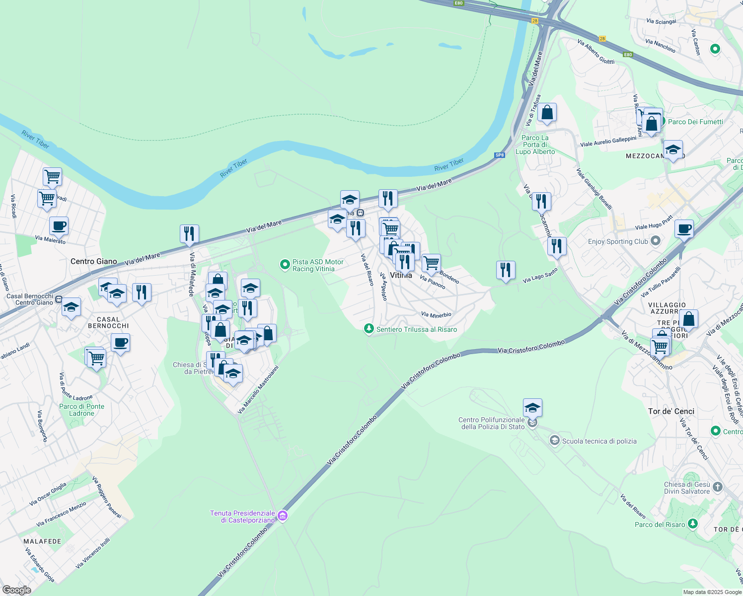 map of restaurants, bars, coffee shops, grocery stores, and more near 106 Via del Risaro in Vitinia