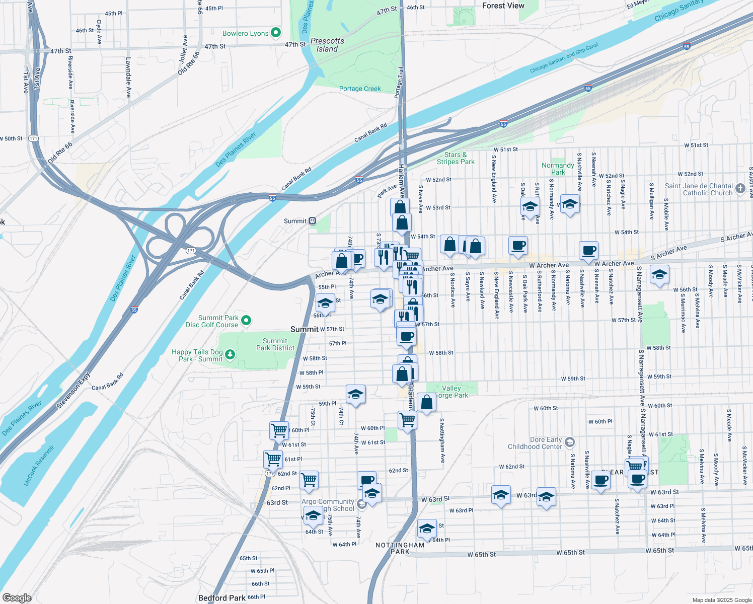 map of restaurants, bars, coffee shops, grocery stores, and more near 7305 56th Street in Summit