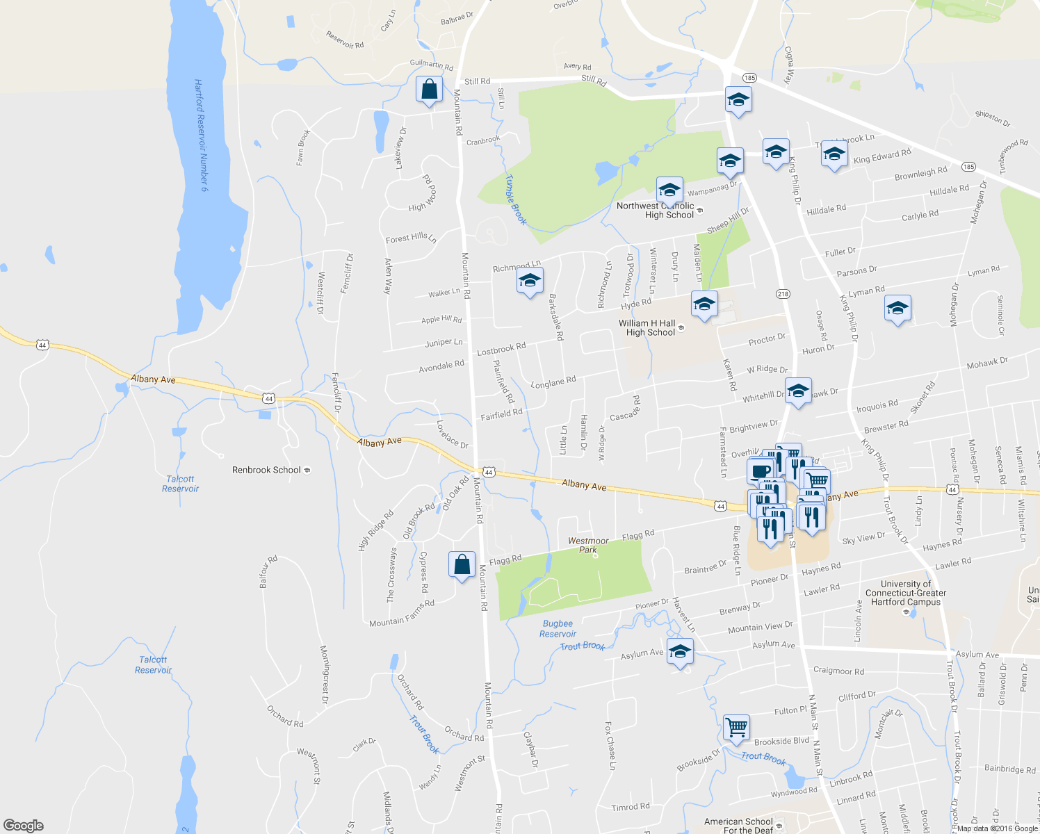 map of restaurants, bars, coffee shops, grocery stores, and more near 31 Fairfield Road in West Hartford
