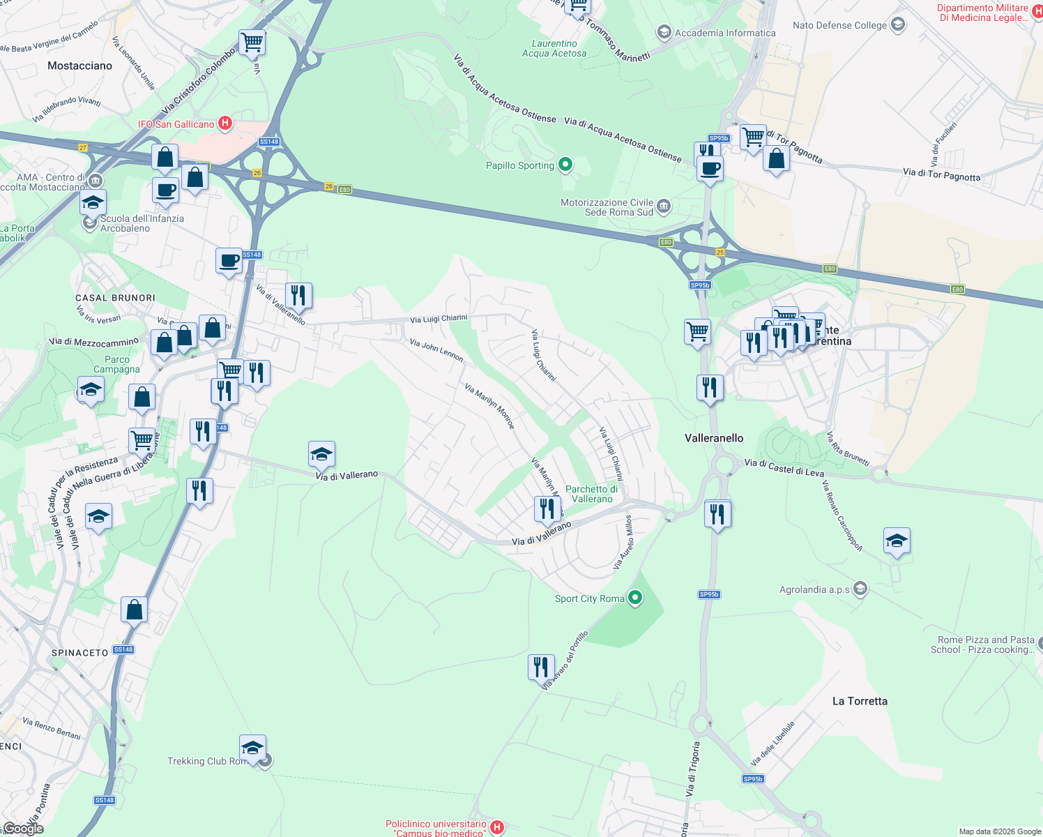 map of restaurants, bars, coffee shops, grocery stores, and more near 17 Via Mario Mattoli in Roma