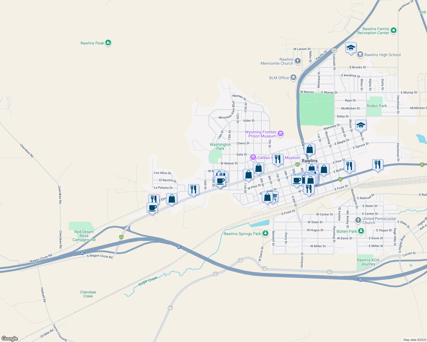map of restaurants, bars, coffee shops, grocery stores, and more near 1499 West Maple Street in Rawlins