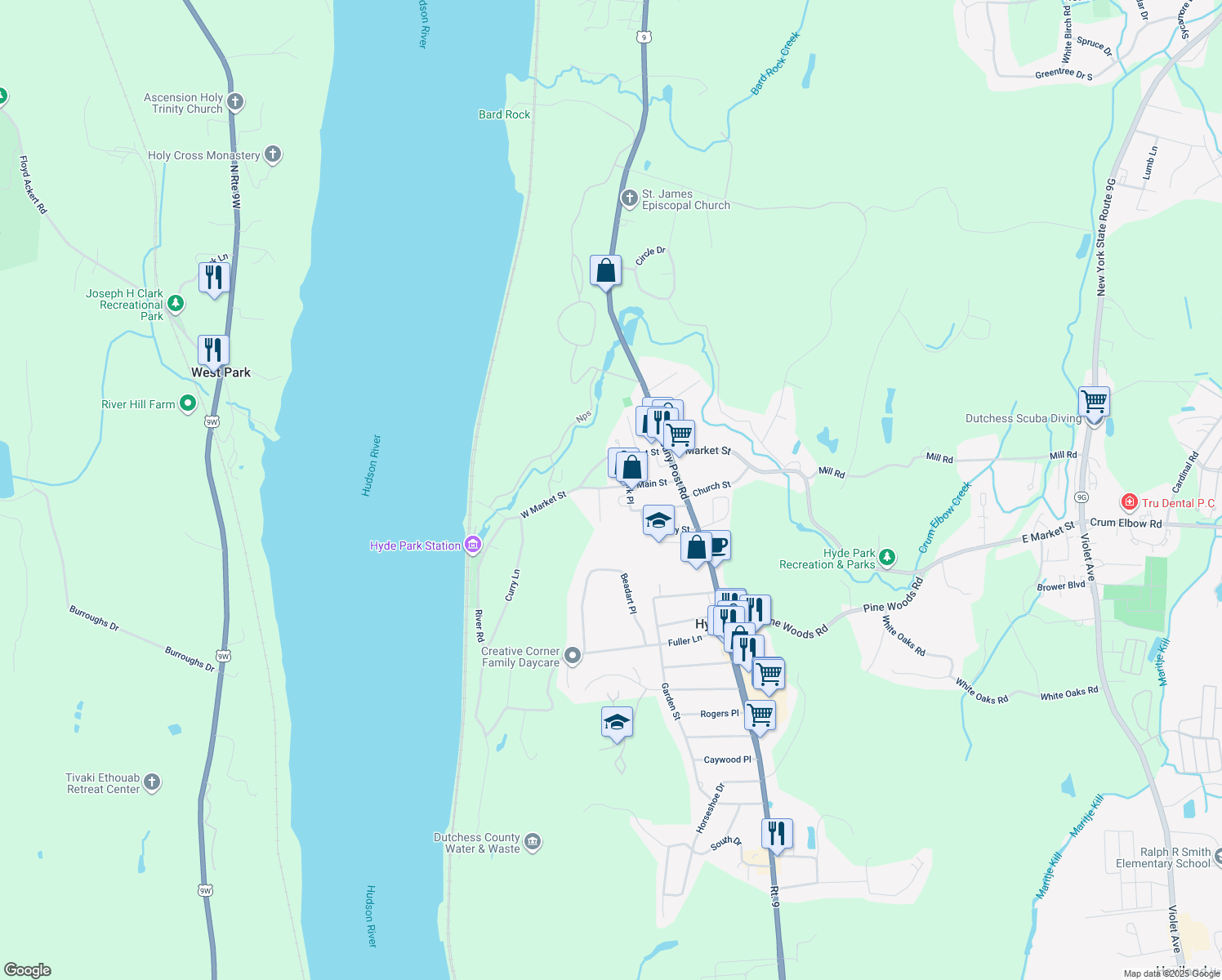 map of restaurants, bars, coffee shops, grocery stores, and more near 30 Main St in Hyde Park