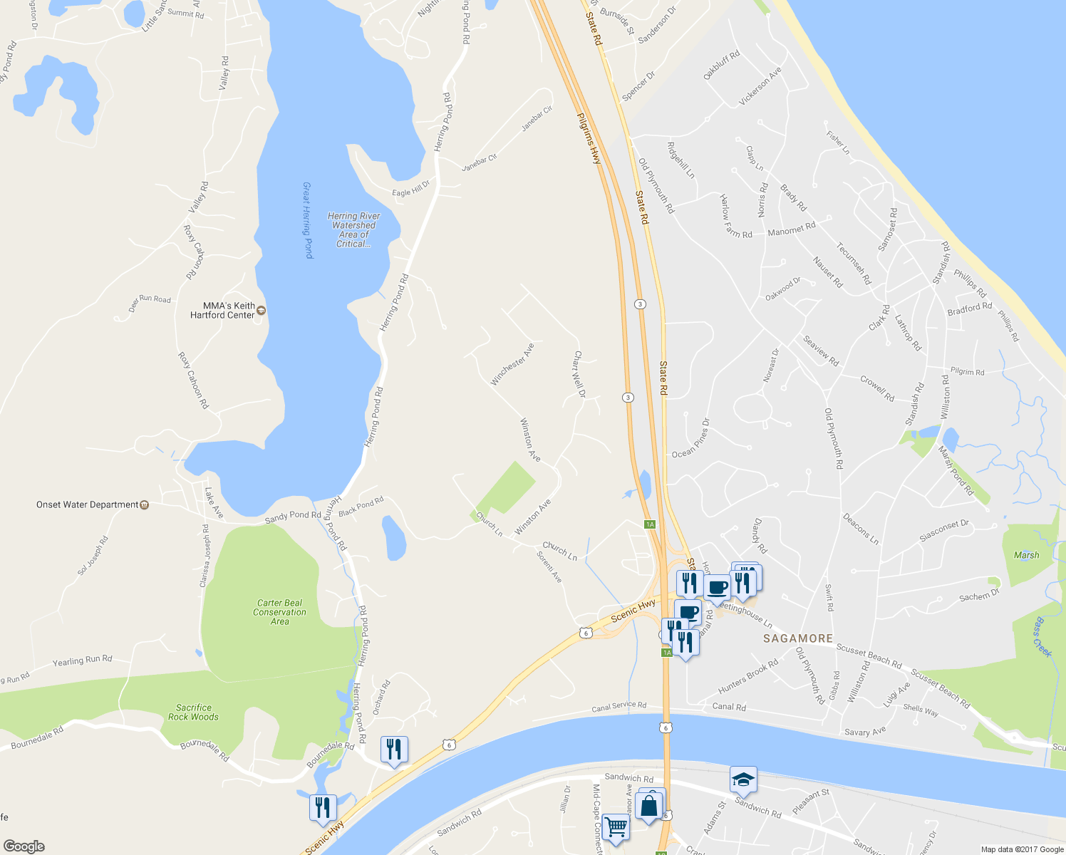 map of restaurants, bars, coffee shops, grocery stores, and more near 27 Winston Avenue in Bourne