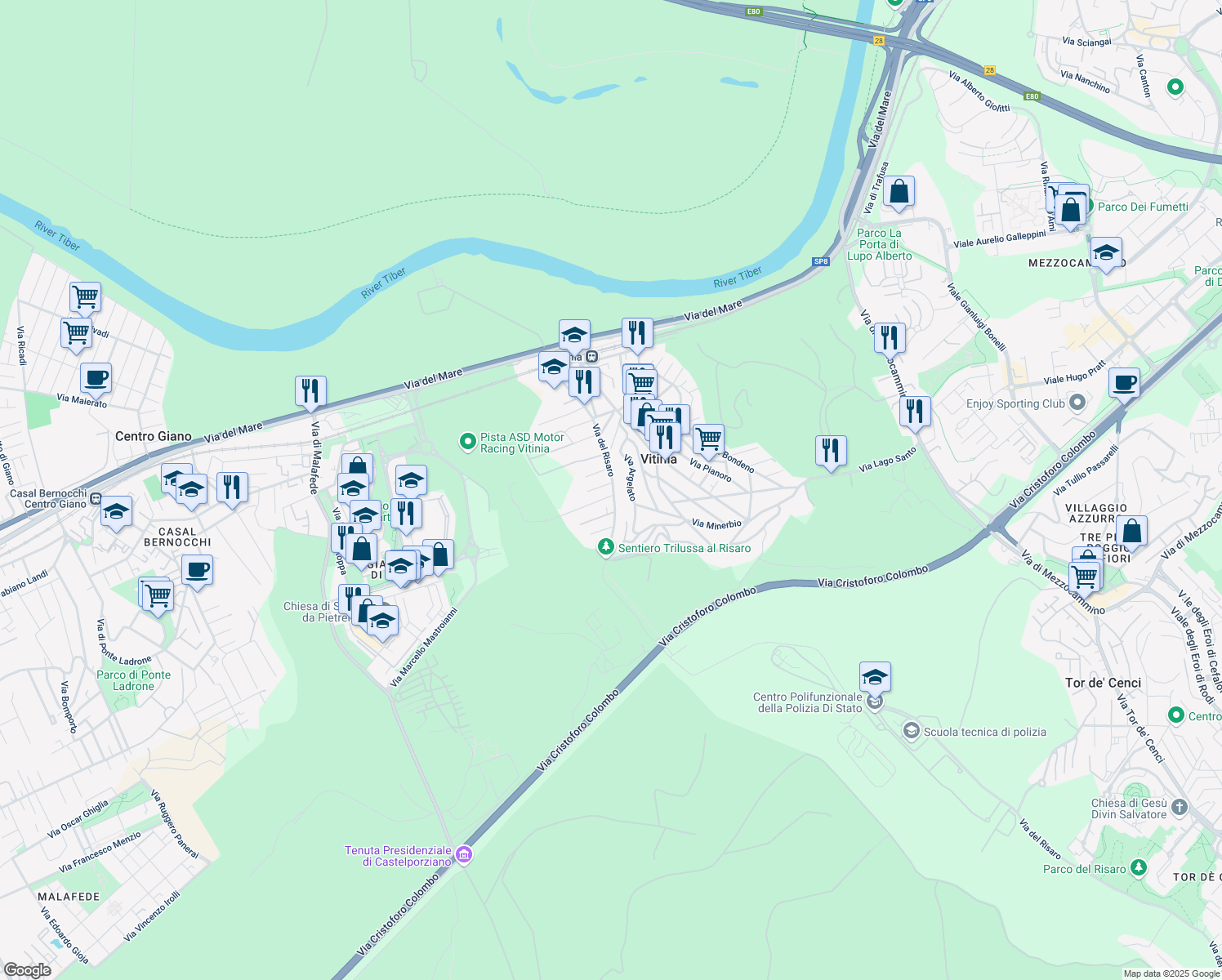 map of restaurants, bars, coffee shops, grocery stores, and more near 106 Via del Risaro in Vitinia