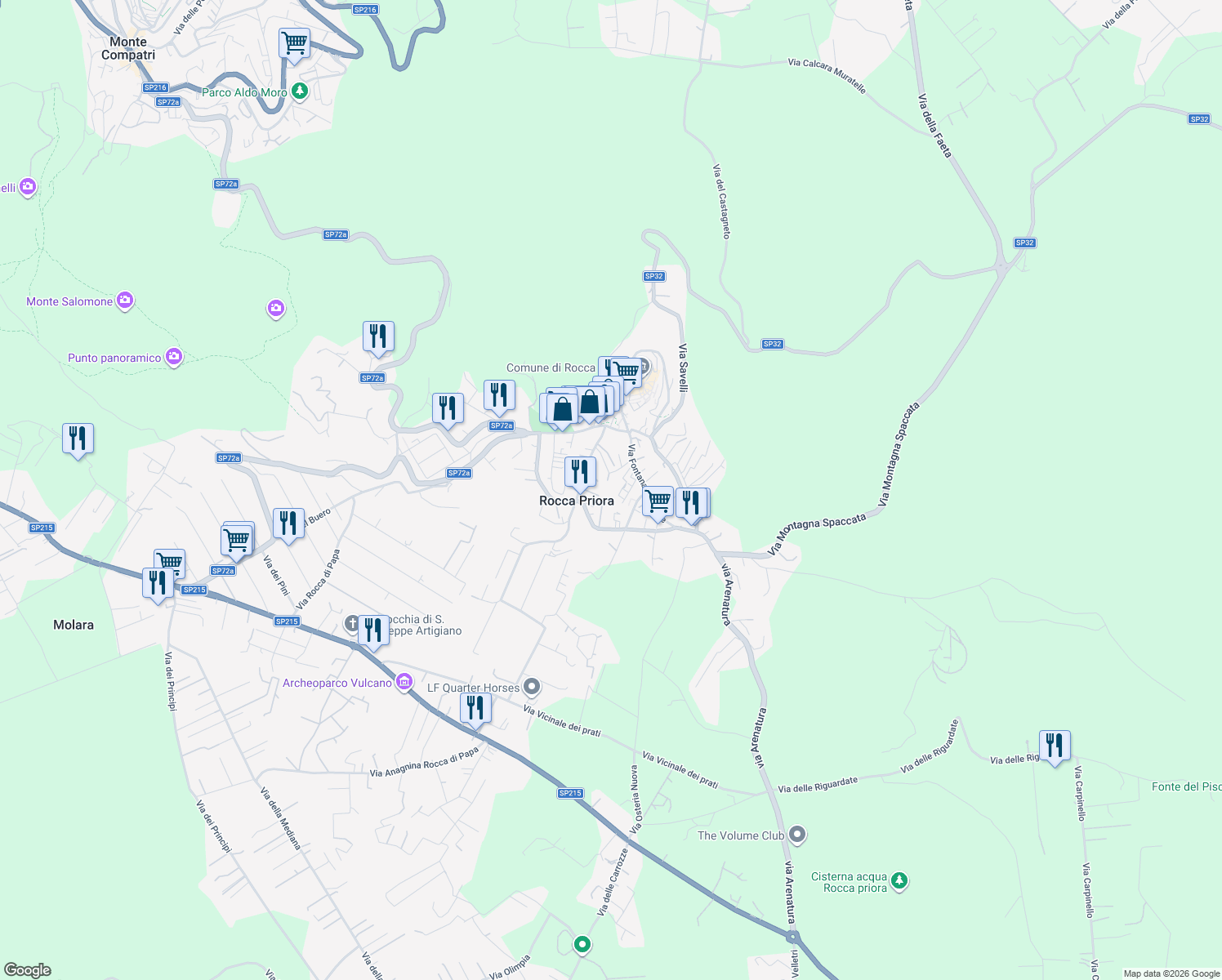 map of restaurants, bars, coffee shops, grocery stores, and more near 27 Via Campo Sportivo in Rocca Priora
