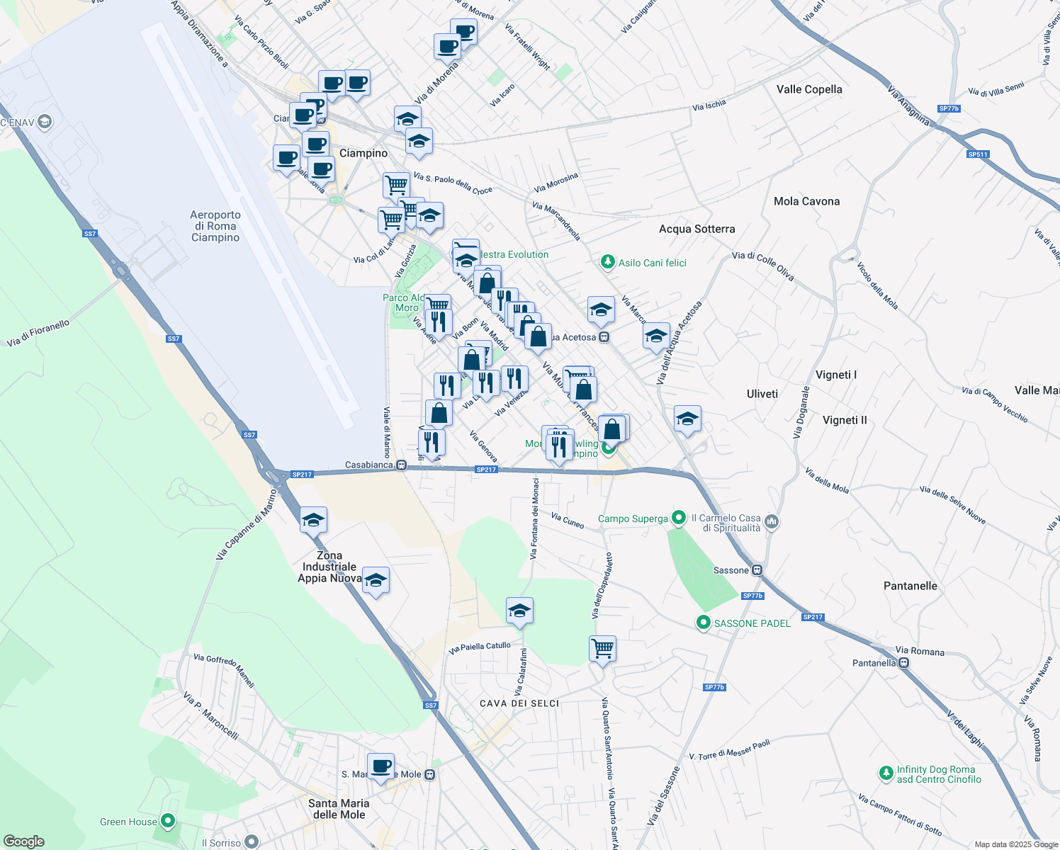 map of restaurants, bars, coffee shops, grocery stores, and more near 17/1 Via Firenze in Ciampino
