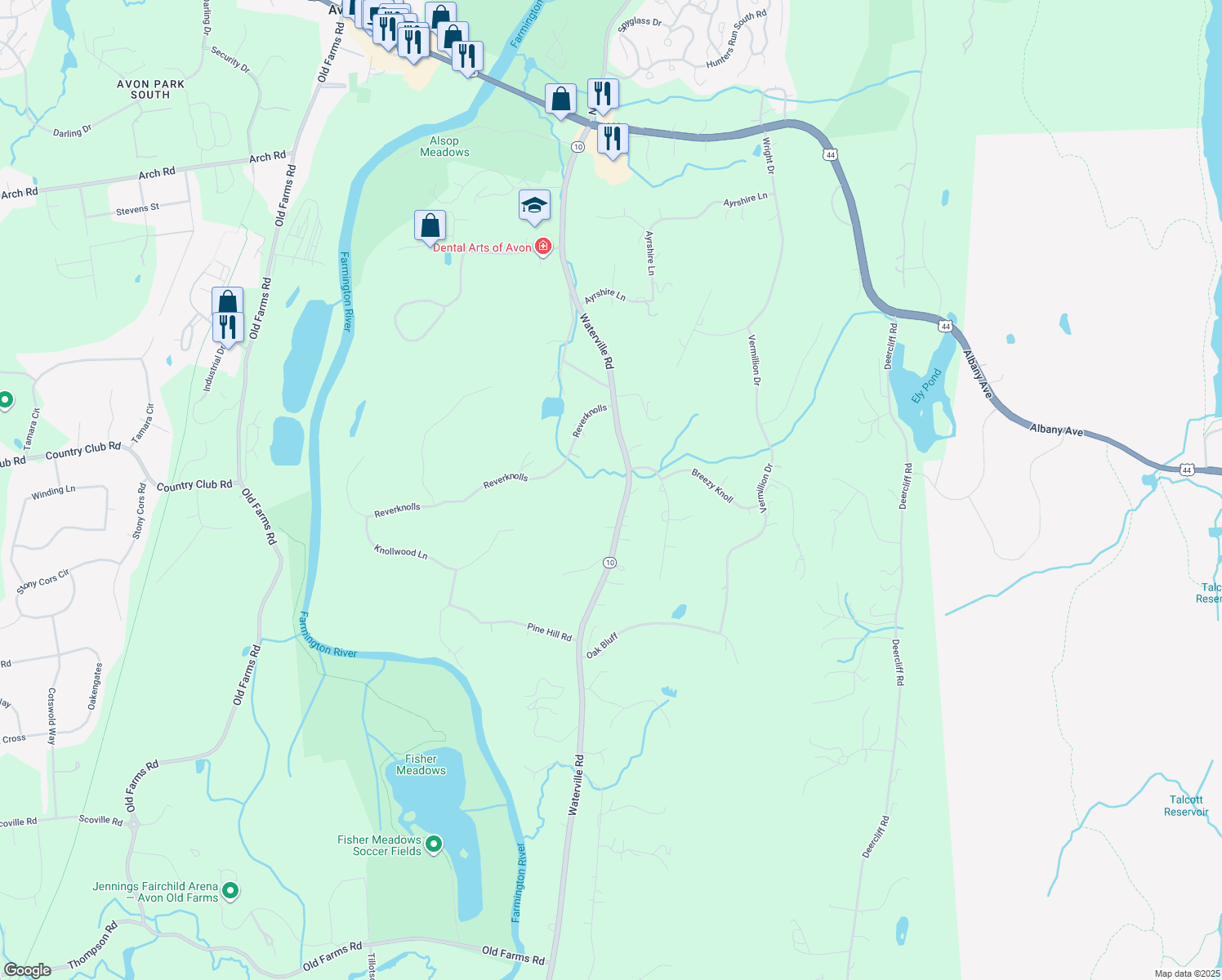 map of restaurants, bars, coffee shops, grocery stores, and more near 199 Waterville Road in Avon