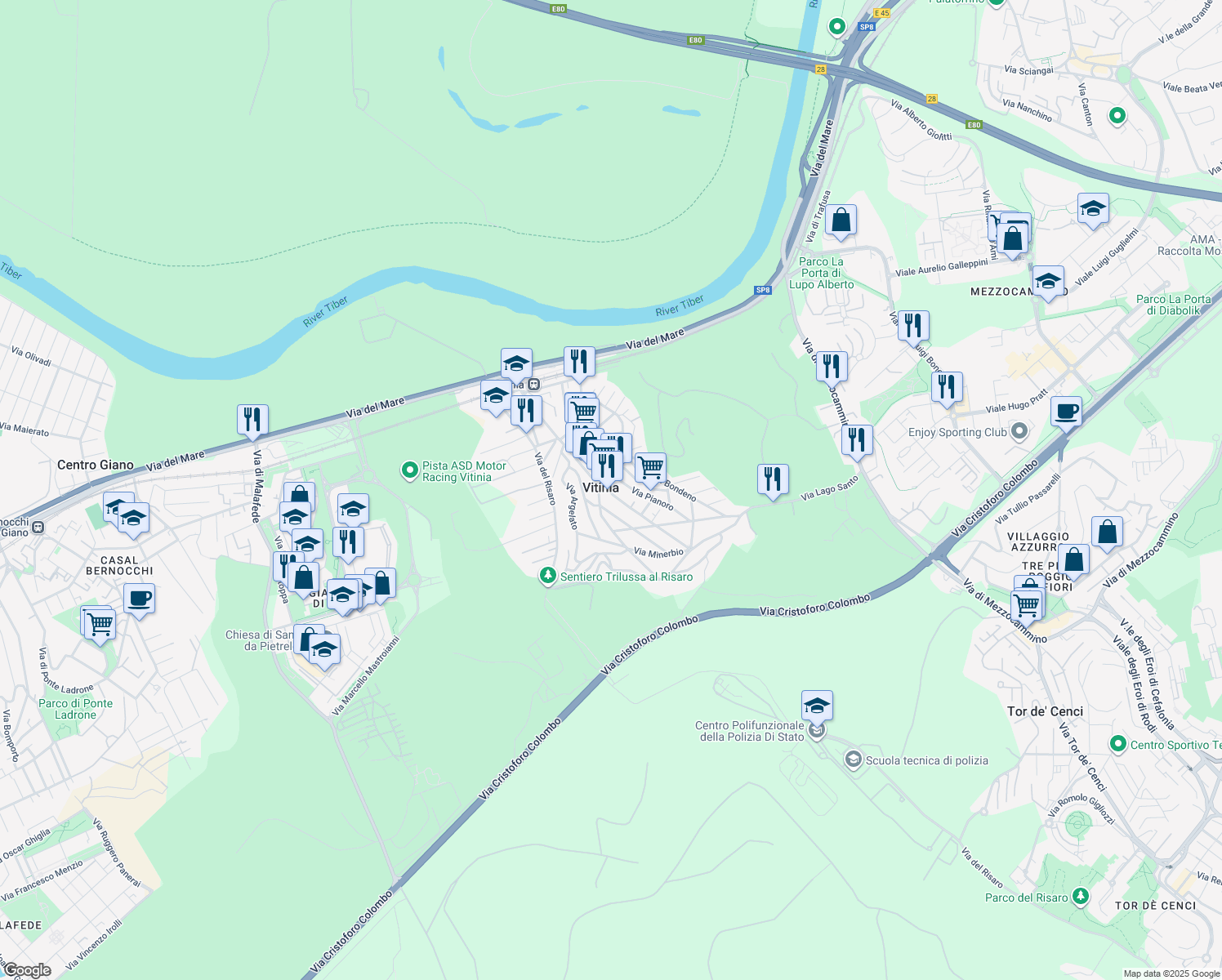 map of restaurants, bars, coffee shops, grocery stores, and more near 18 Via Casola Valsenio in Vitinia