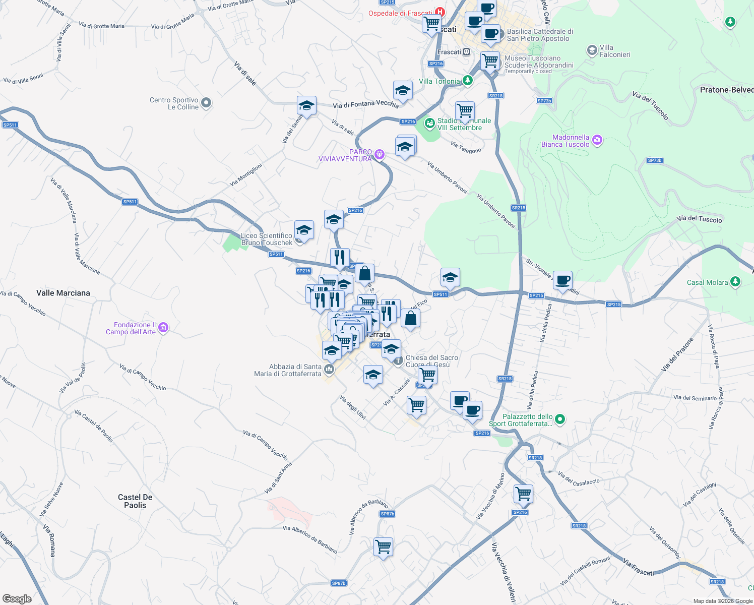 map of restaurants, bars, coffee shops, grocery stores, and more near 9 Via San Bartolomeo in Grottaferrata