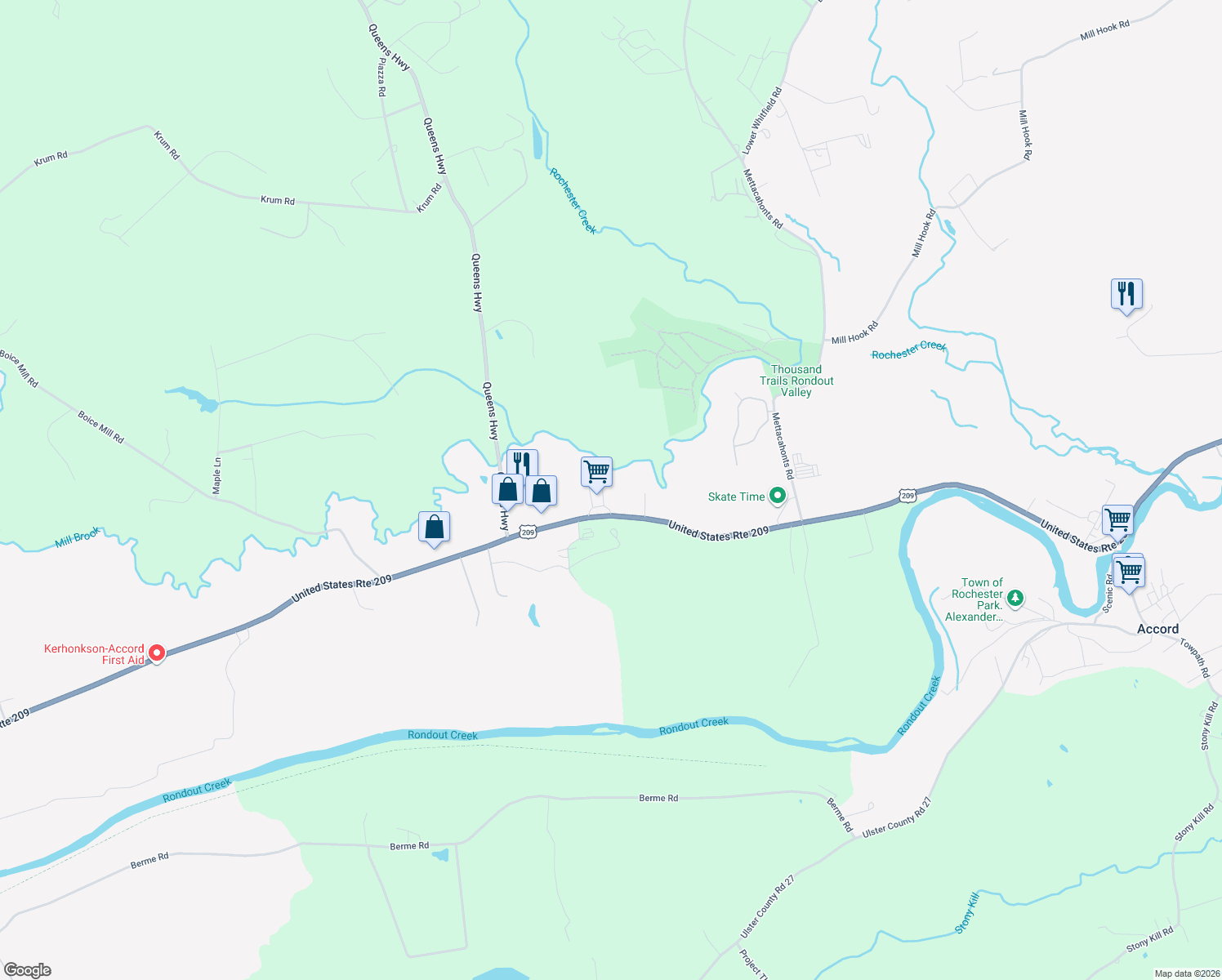 map of restaurants, bars, coffee shops, grocery stores, and more near 5744 Route 209 in Kerhonkson