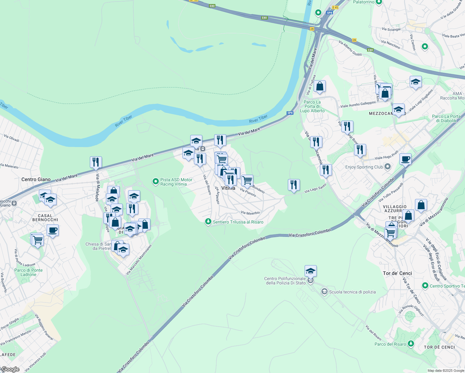 map of restaurants, bars, coffee shops, grocery stores, and more near 18 Via Casola Valsenio in Vitinia