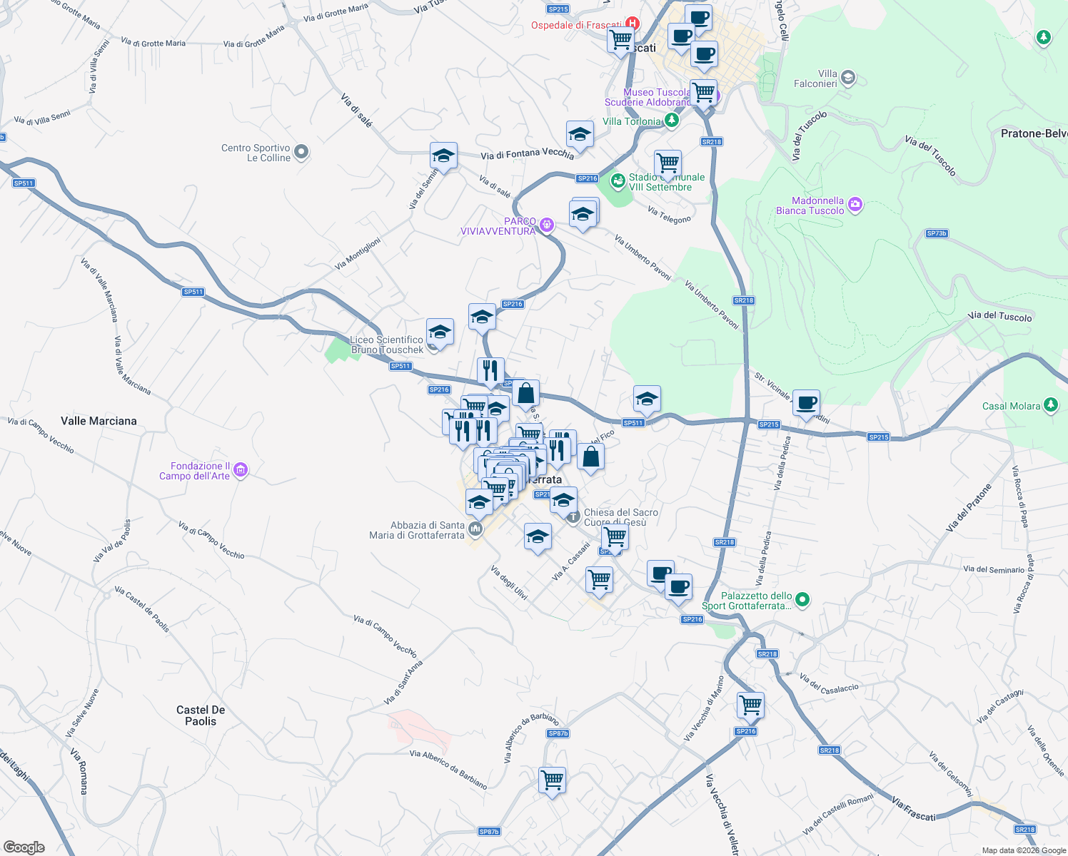 map of restaurants, bars, coffee shops, grocery stores, and more near 9 Via San Bartolomeo in Grottaferrata