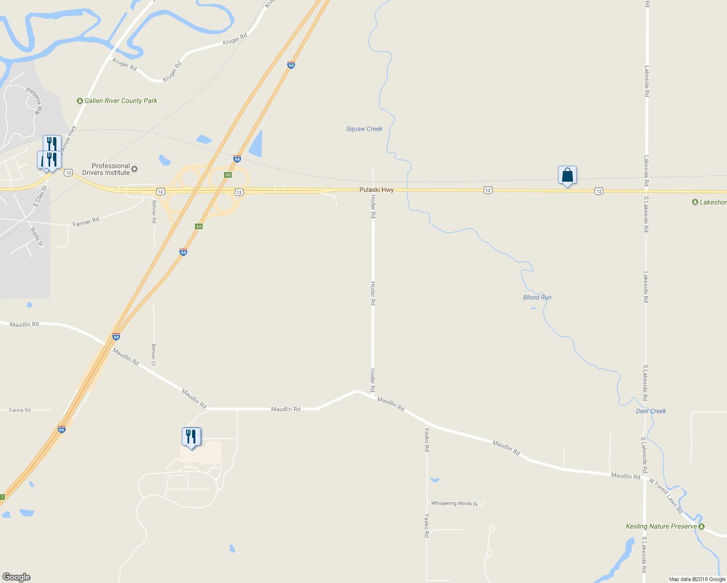 map of restaurants, bars, coffee shops, grocery stores, and more near 18066 Hoder Road in New Buffalo