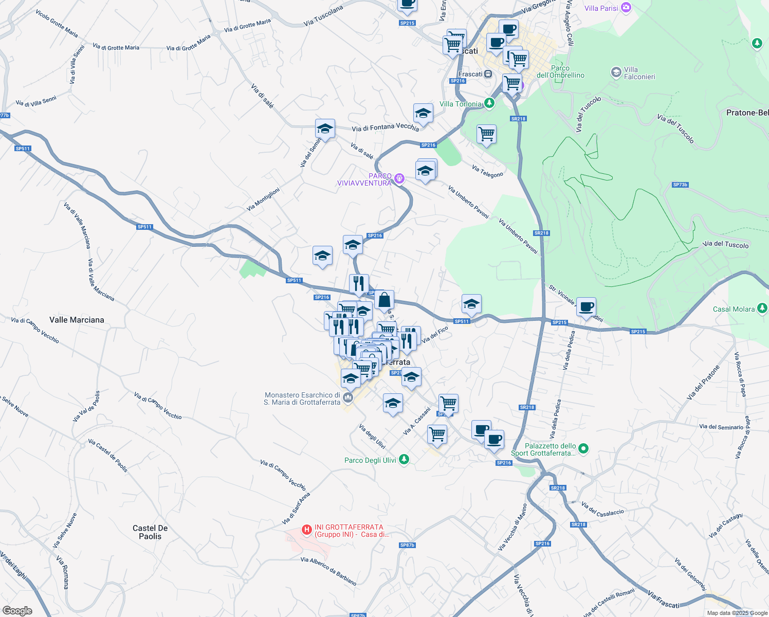 map of restaurants, bars, coffee shops, grocery stores, and more near 70A Via Tuscolana in Grottaferrata