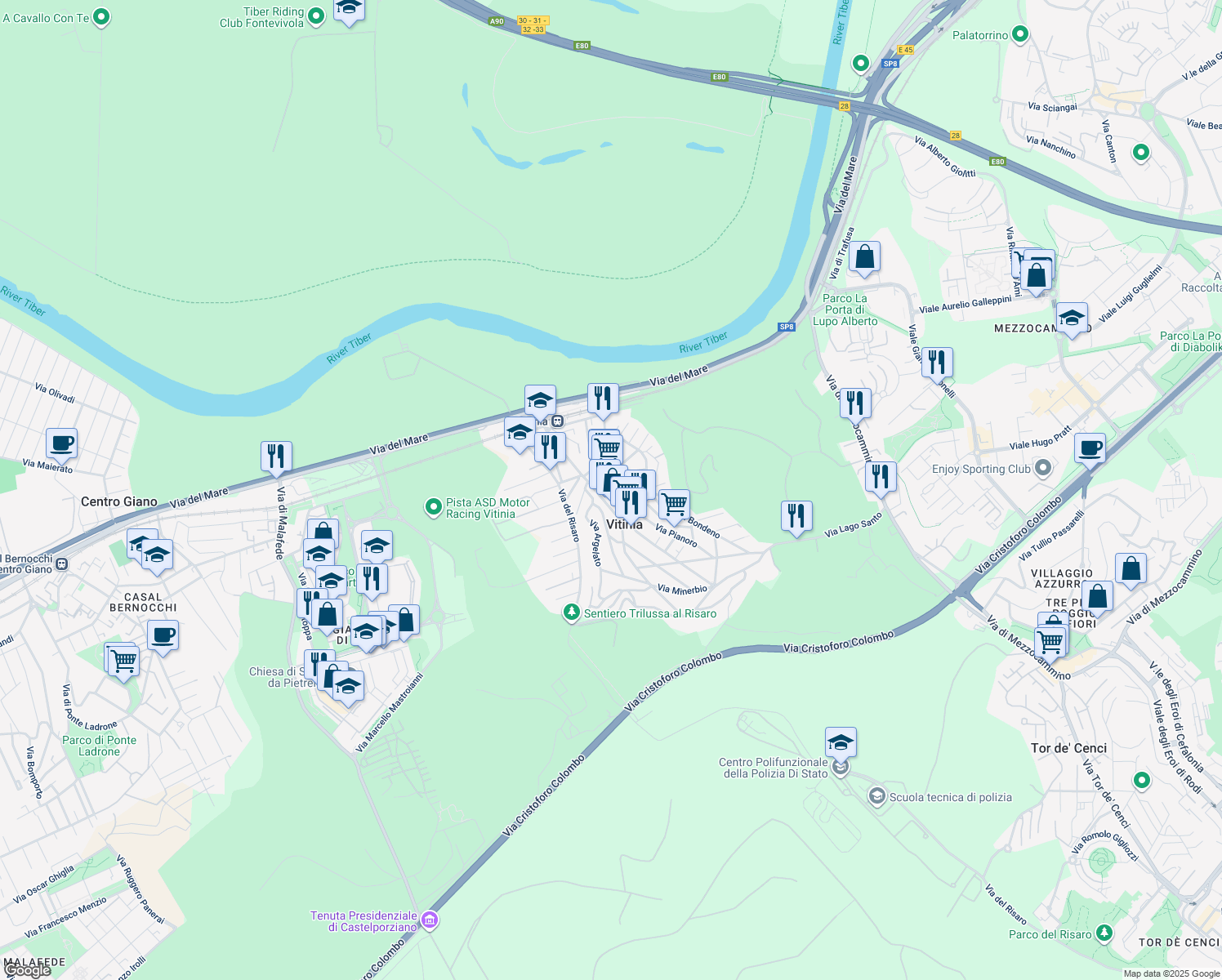 map of restaurants, bars, coffee shops, grocery stores, and more near 94 Via Sarsina in Vitinia
