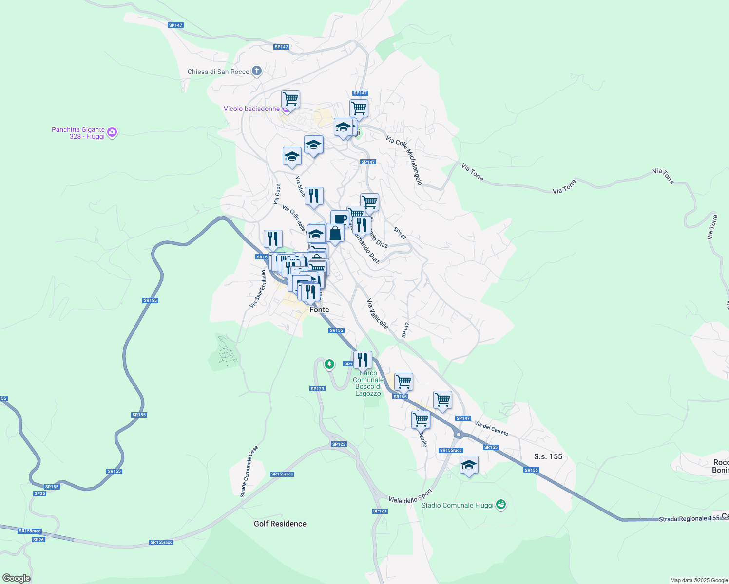 map of restaurants, bars, coffee shops, grocery stores, and more near 30 Strada Comunale Vallicelle in Fiuggi