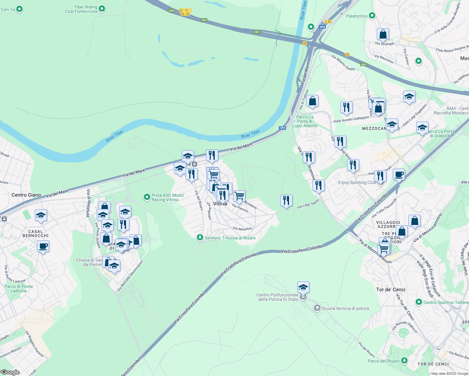 map of restaurants, bars, coffee shops, grocery stores, and more near 19 Via Camugnano in Vitinia