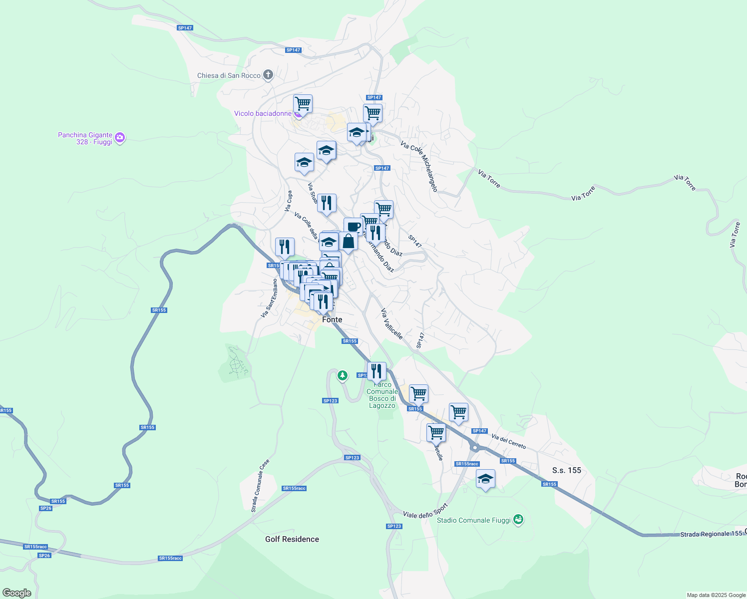 map of restaurants, bars, coffee shops, grocery stores, and more near 30 Via Vallicelle in Fiuggi