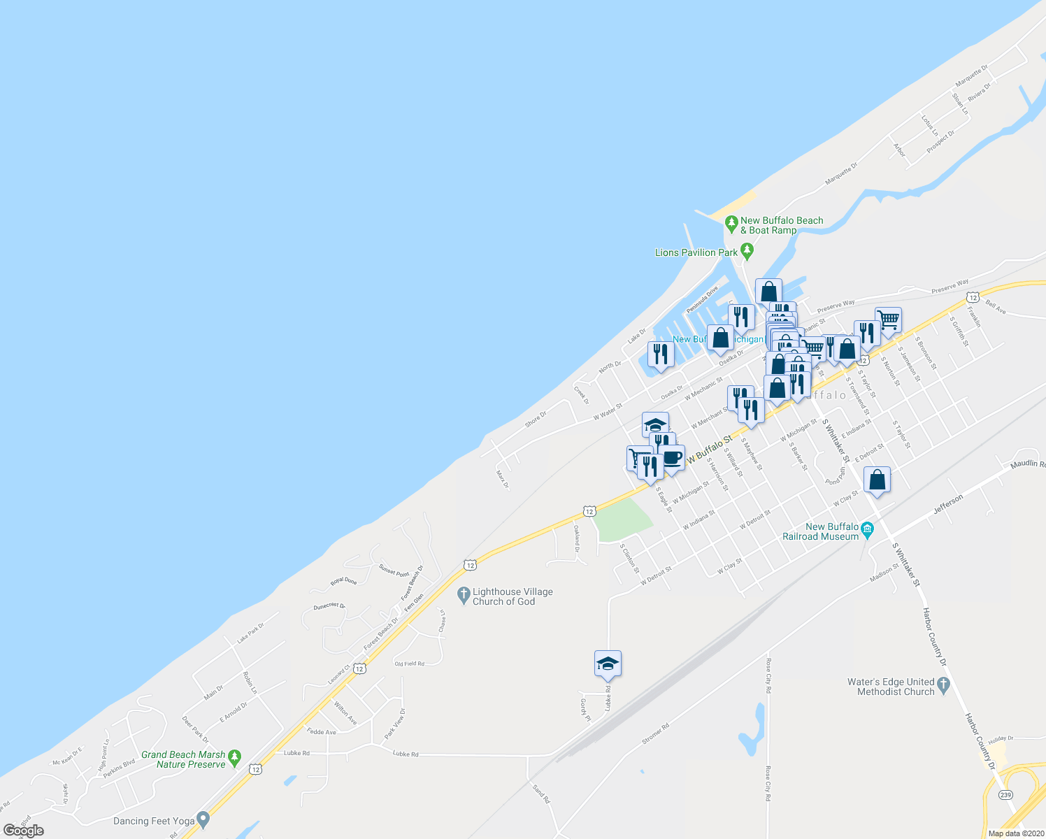 map of restaurants, bars, coffee shops, grocery stores, and more near 1300 Shore Drive in New Buffalo