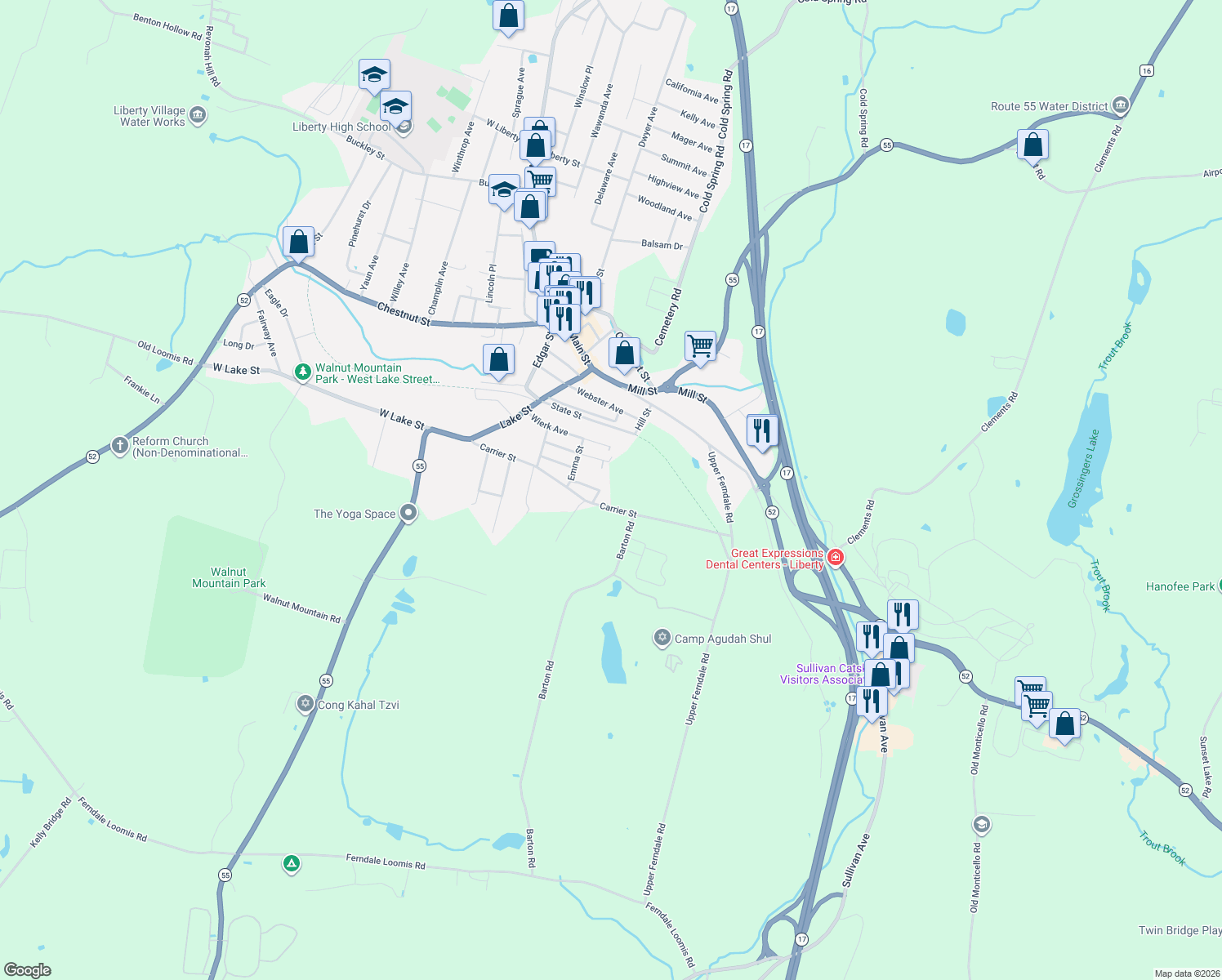 map of restaurants, bars, coffee shops, grocery stores, and more near 6 Antoinette Avenue in Liberty