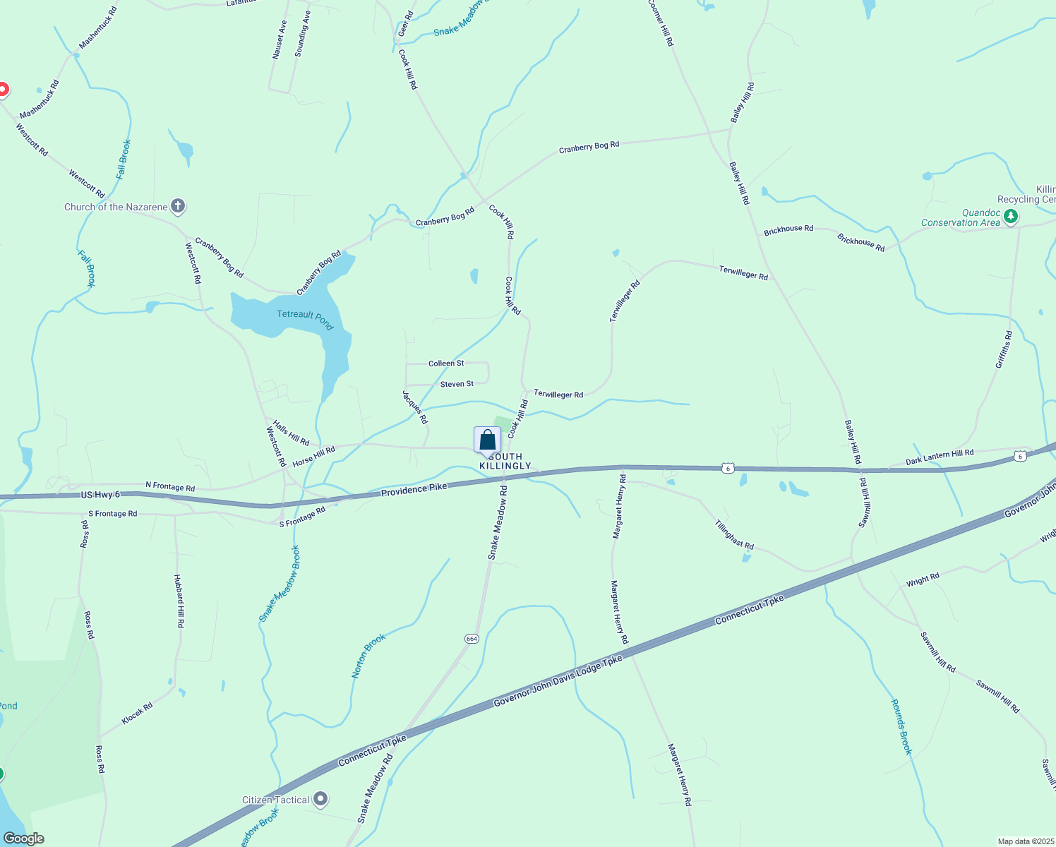 map of restaurants, bars, coffee shops, grocery stores, and more near 36 Cook Hill Road in Killingly