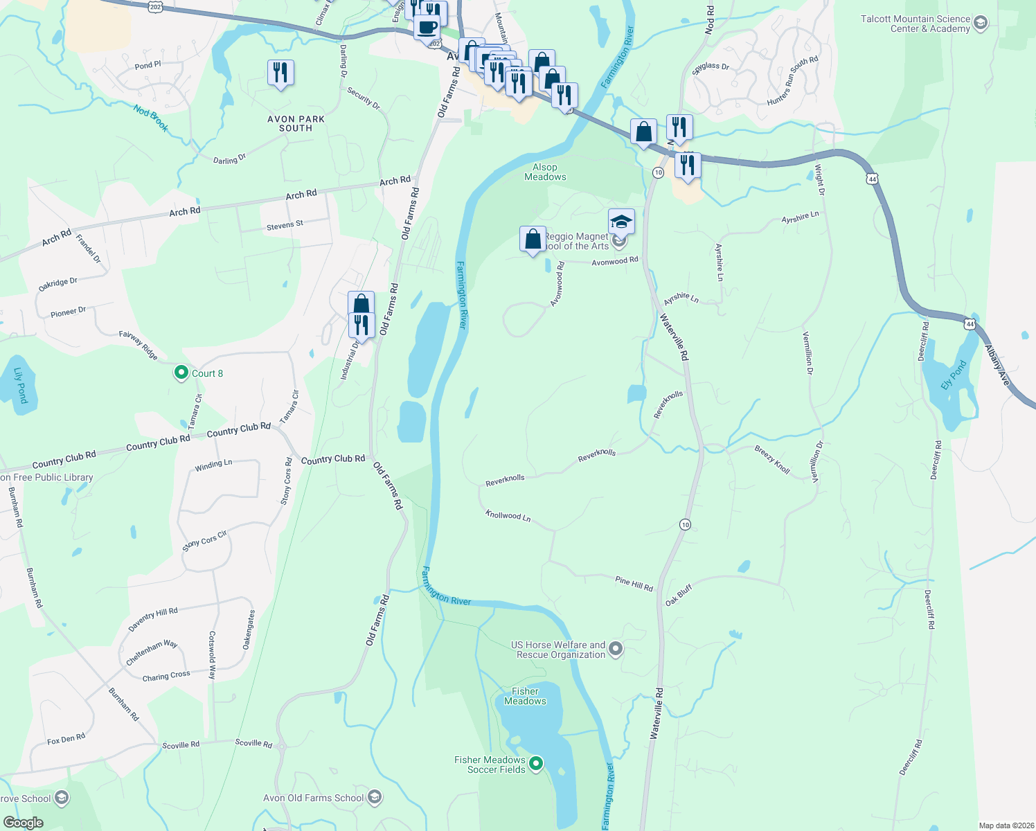 map of restaurants, bars, coffee shops, grocery stores, and more near 37 Lord Davis Lane in Avon