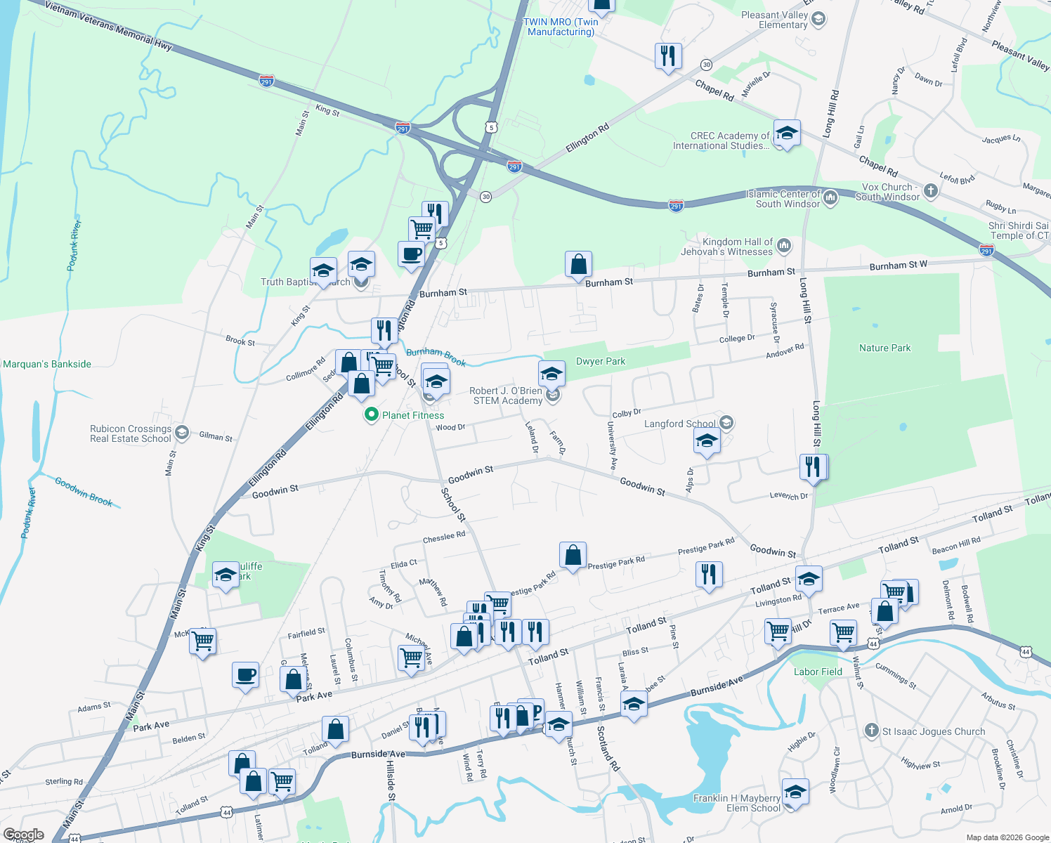 map of restaurants, bars, coffee shops, grocery stores, and more near 45 Leland Dr in East Hartford