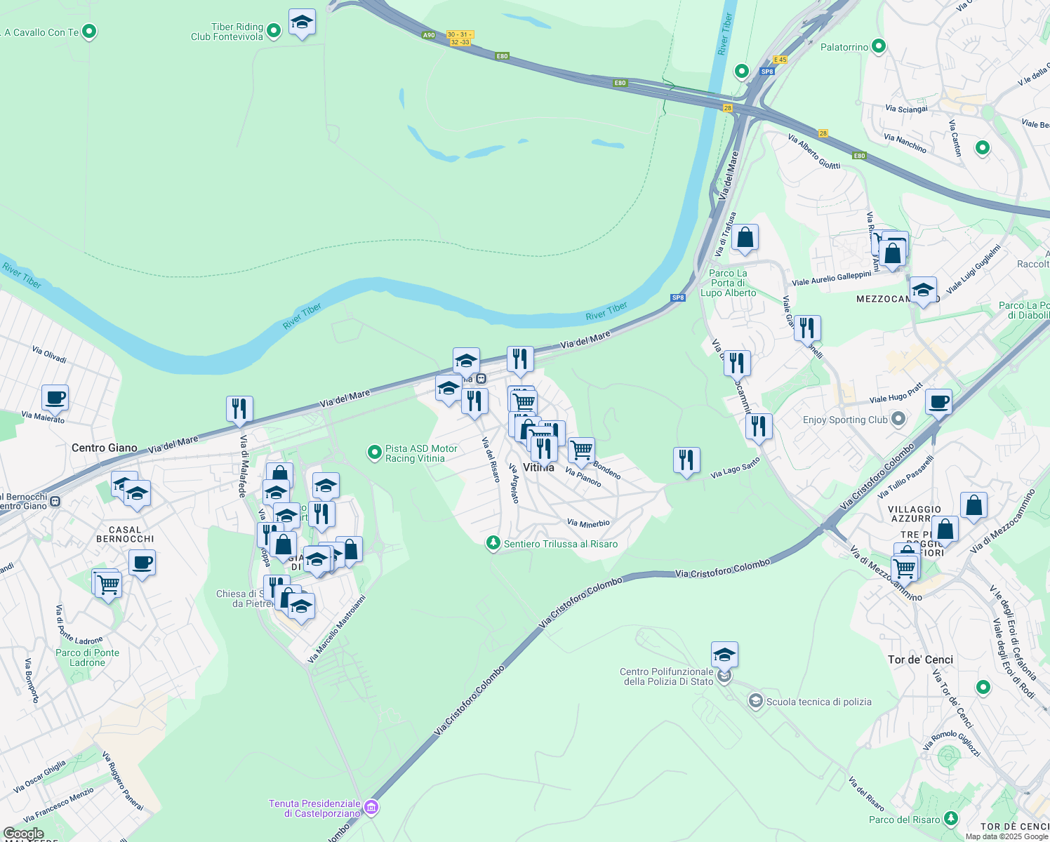 map of restaurants, bars, coffee shops, grocery stores, and more near 94 Via Sarsina in Vitinia