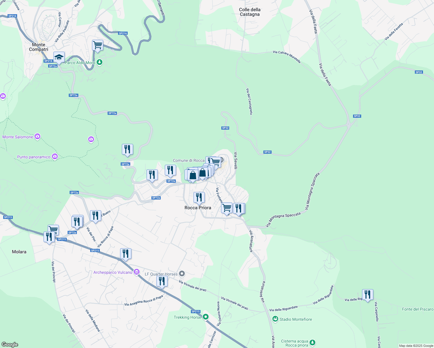 map of restaurants, bars, coffee shops, grocery stores, and more near 7 Largo Europa in Rocca Priora