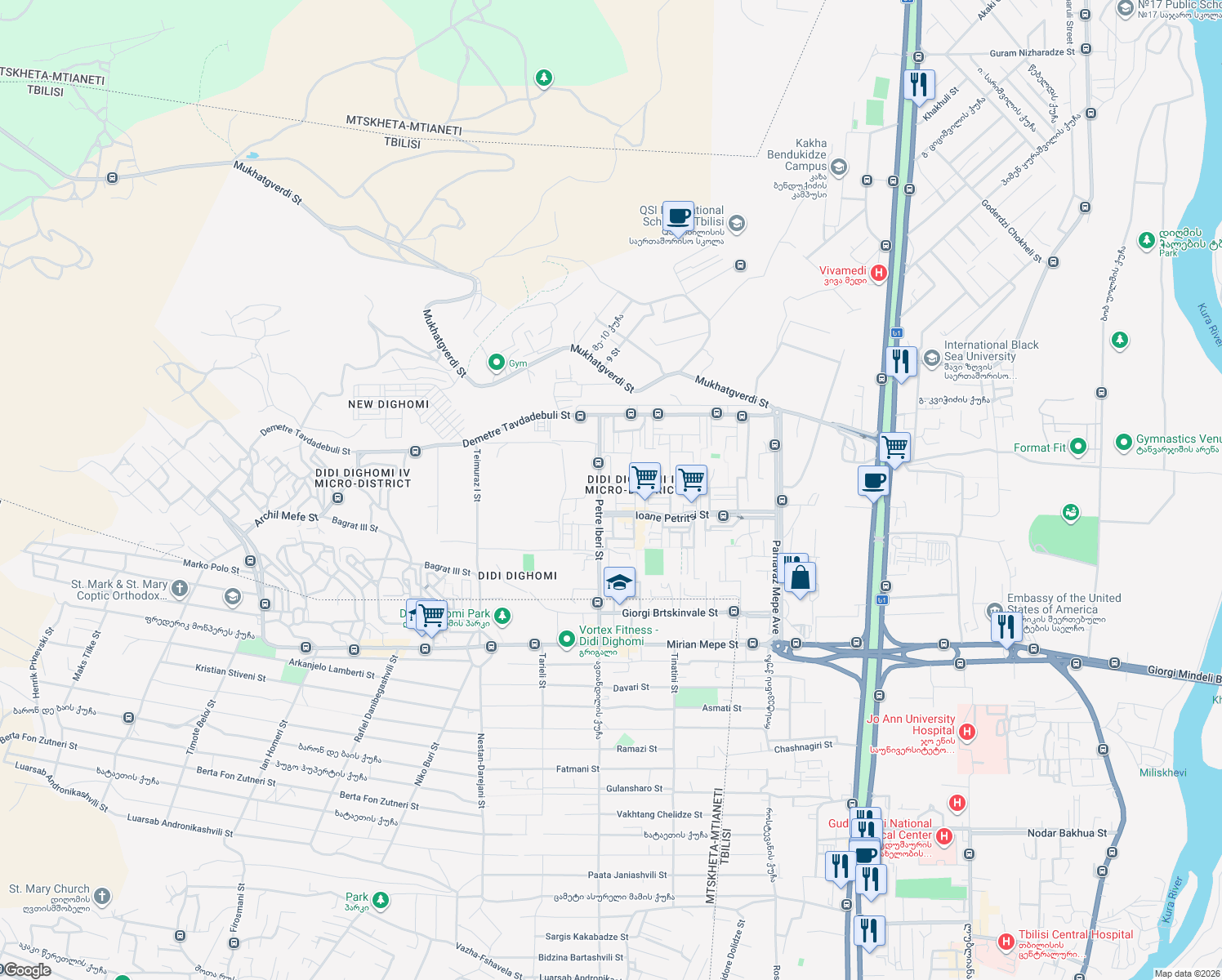 map of restaurants, bars, coffee shops, grocery stores, and more near 19 Ioane Petritsi Street in T'bilisi