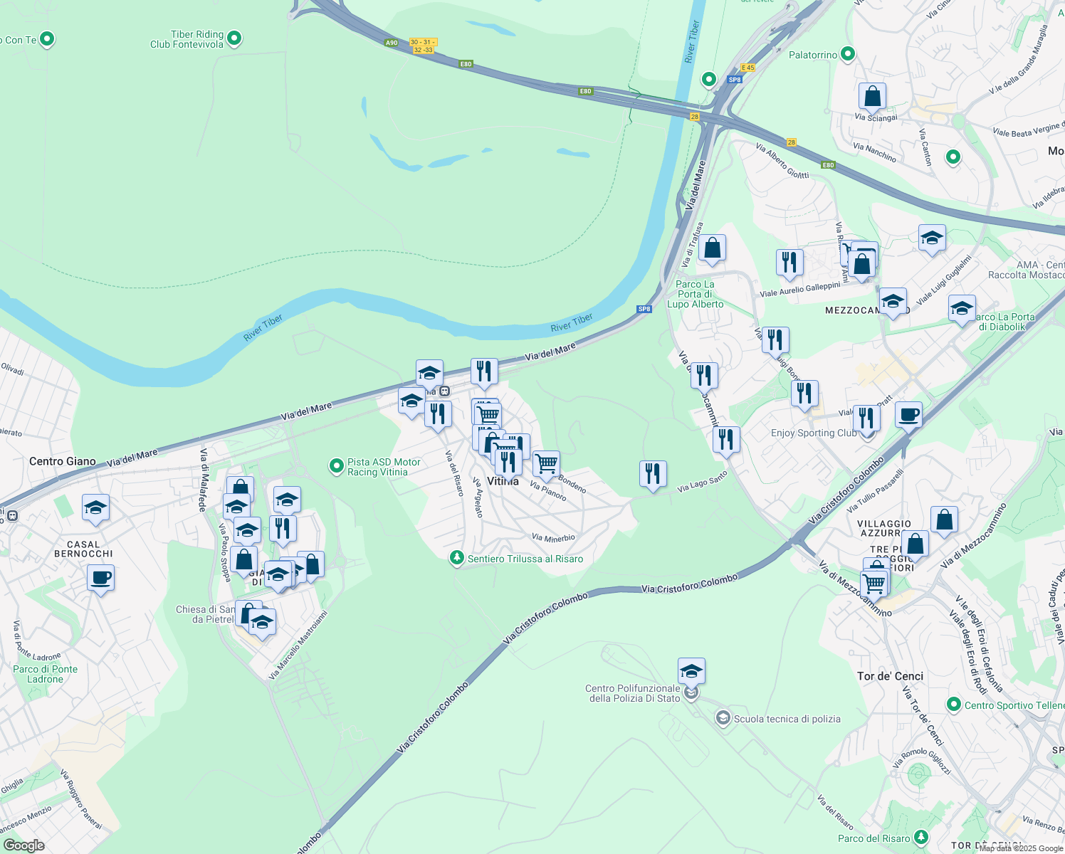 map of restaurants, bars, coffee shops, grocery stores, and more near 19 Via Camugnano in Vitinia