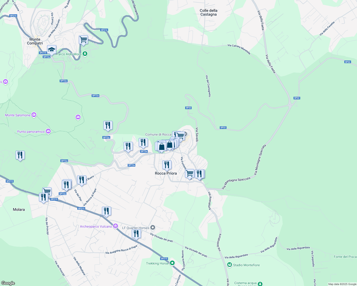 map of restaurants, bars, coffee shops, grocery stores, and more near 1 Piazza Bel Vedere in Rocca Priora