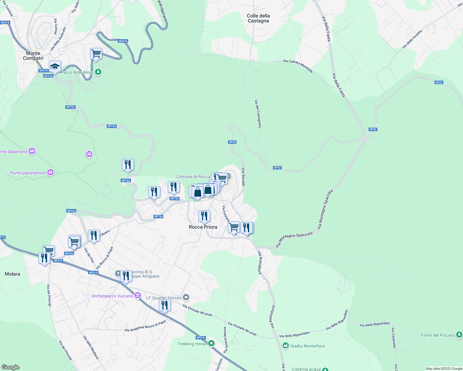 map of restaurants, bars, coffee shops, grocery stores, and more near 1 Piazza Belvedere in Rocca Priora