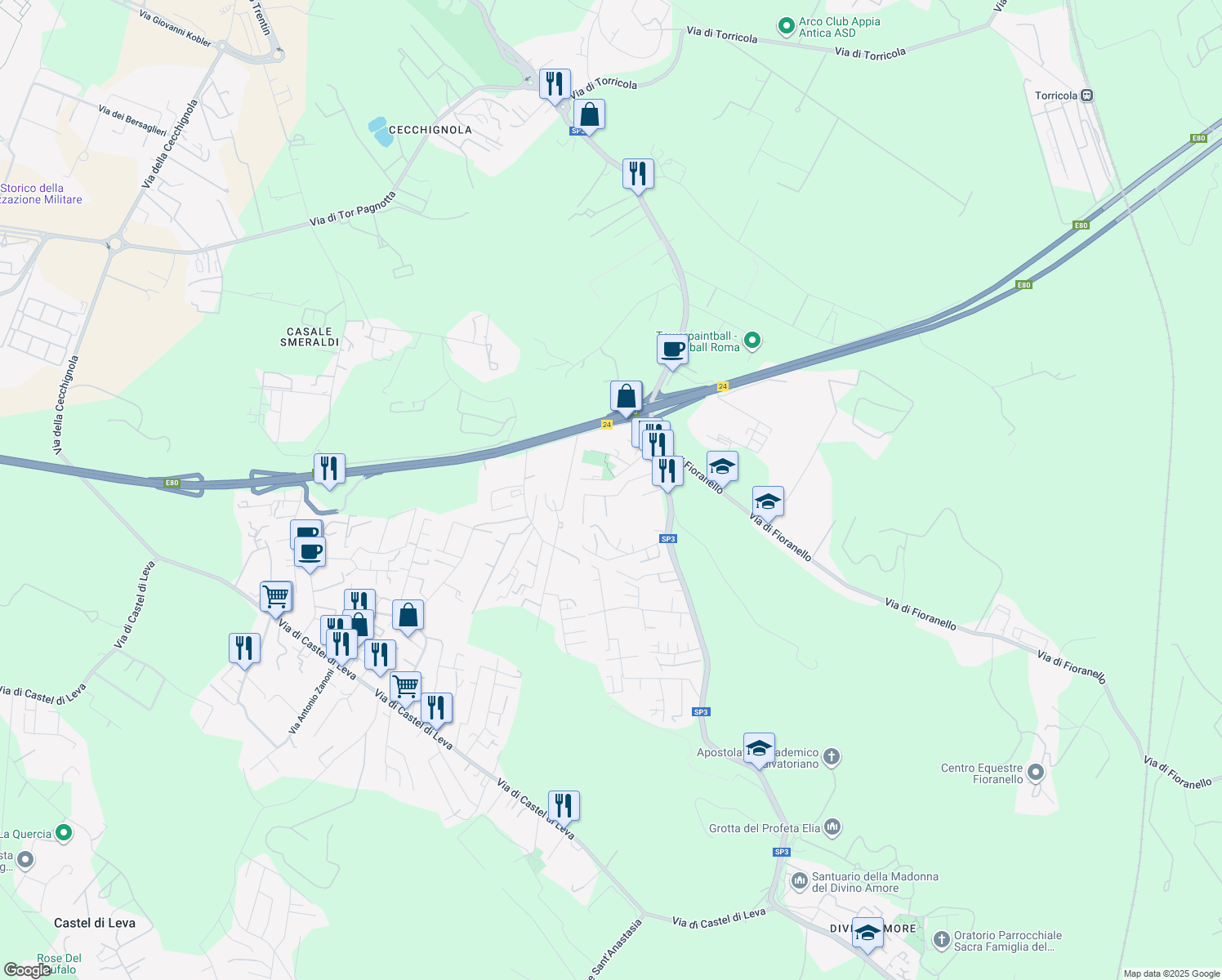 map of restaurants, bars, coffee shops, grocery stores, and more near Via Giovan Domenico Nardo in Roma