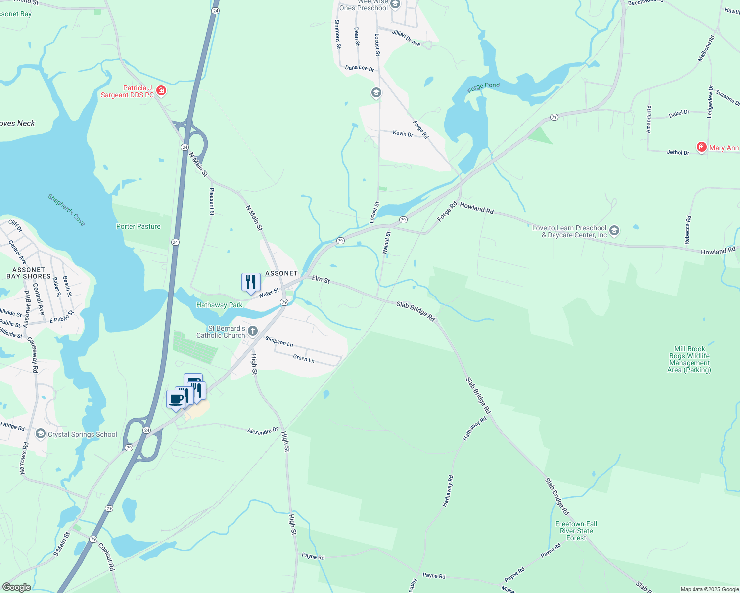 map of restaurants, bars, coffee shops, grocery stores, and more near 28 Elm Street in Freetown