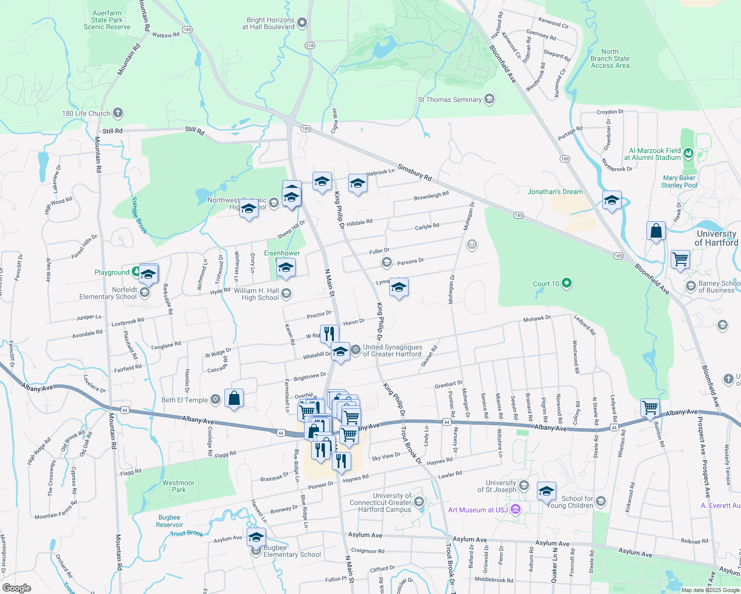 map of restaurants, bars, coffee shops, grocery stores, and more near 125 King Philip Drive in West Hartford