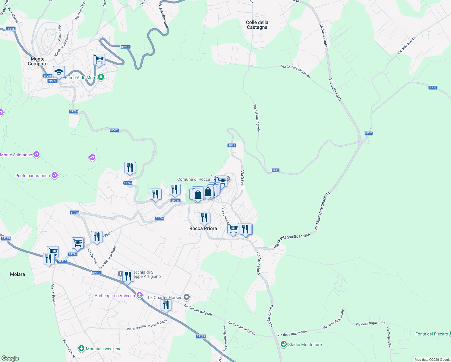 map of restaurants, bars, coffee shops, grocery stores, and more near 1 Piazza Belvedere in Rocca Priora