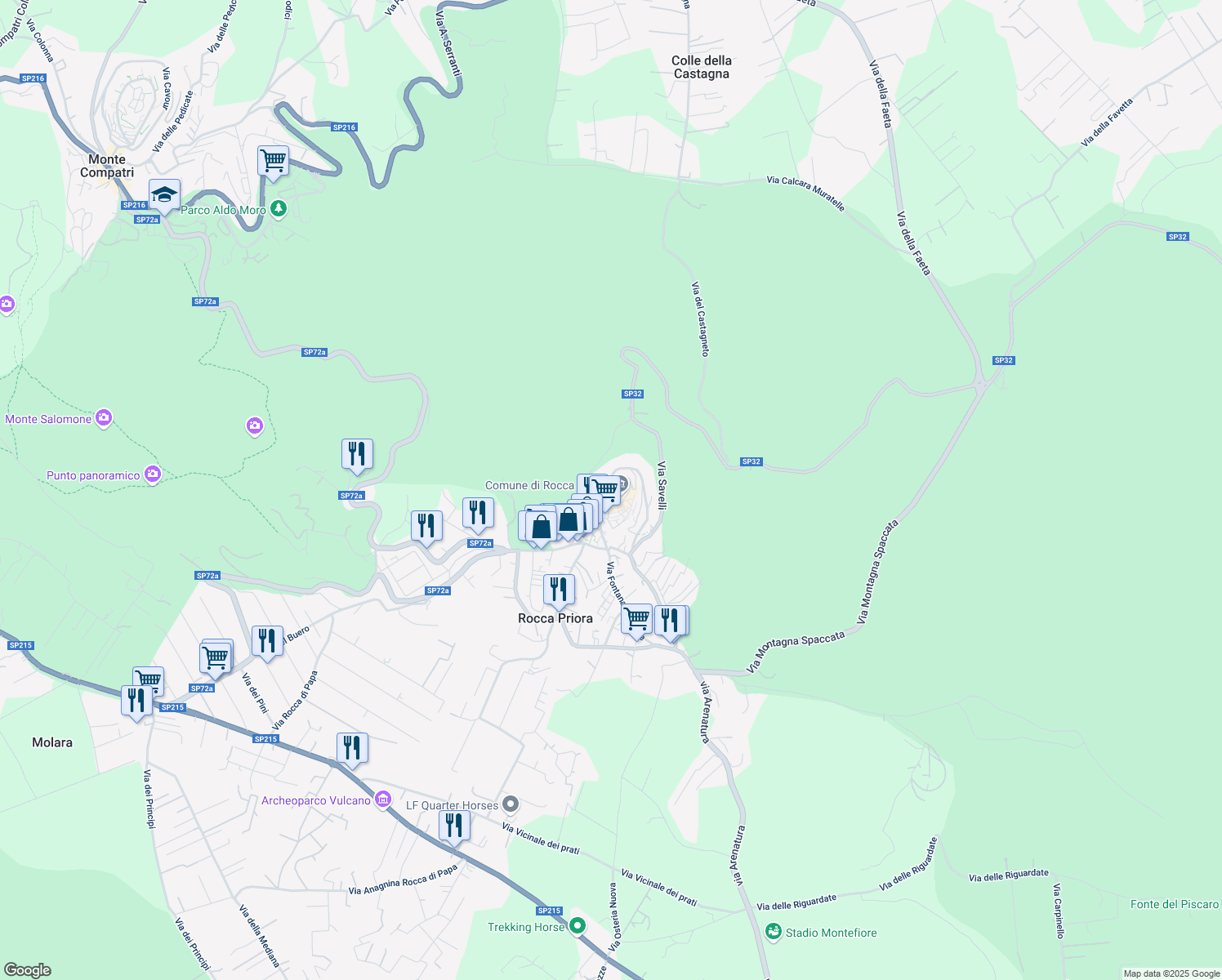 map of restaurants, bars, coffee shops, grocery stores, and more near 1 Piazza Belvedere in Rocca Priora